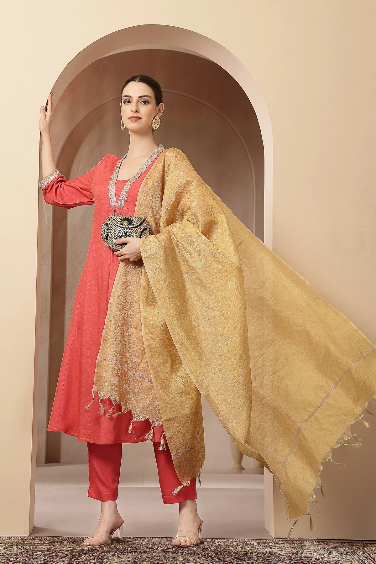 Maternity Concealed Zip Feeding Kurta Set with Dupatta - Coral Pink - Image 11