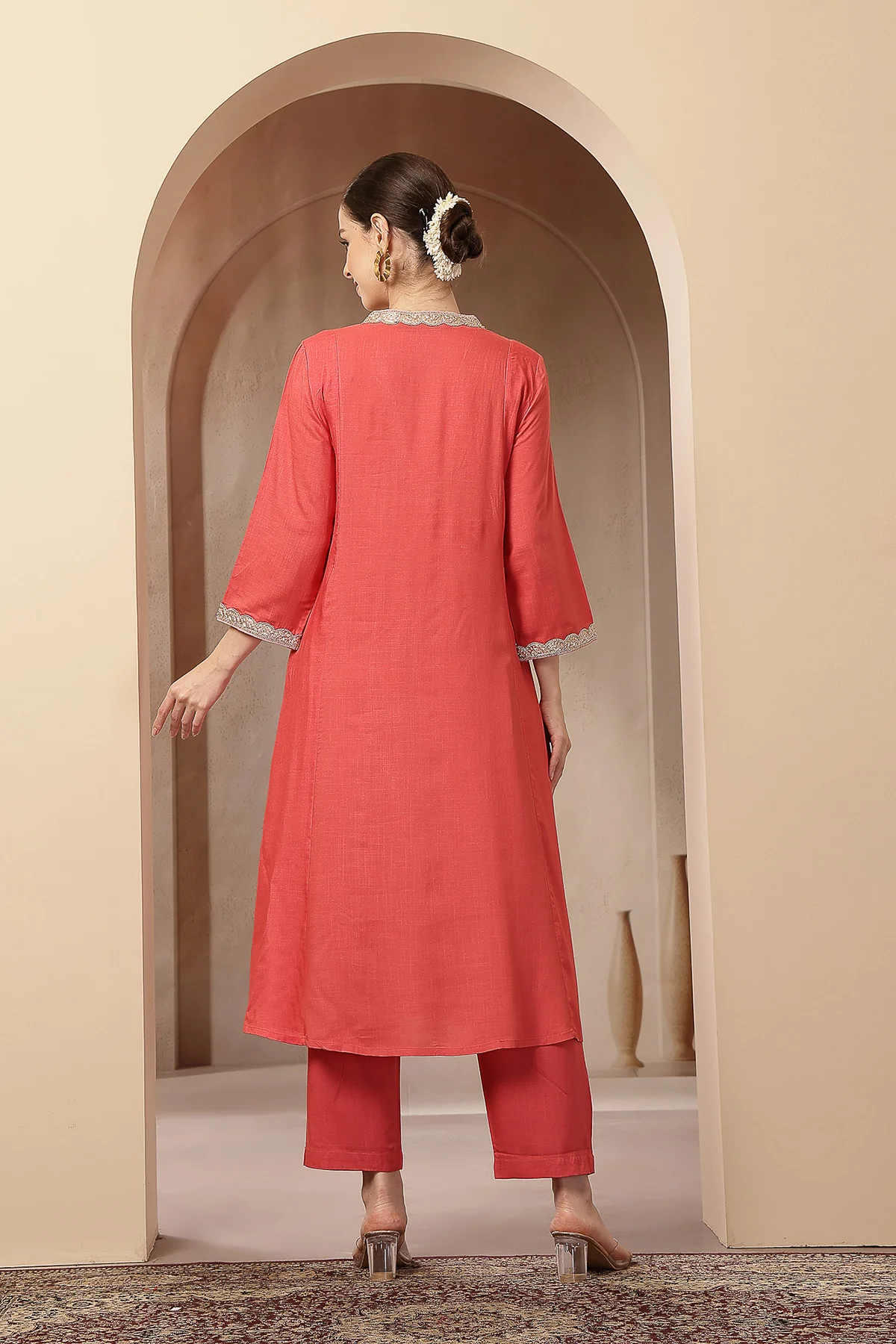 Maternity Concealed Zip Feeding Kurta Set with Dupatta - Coral Pink - Image 3
