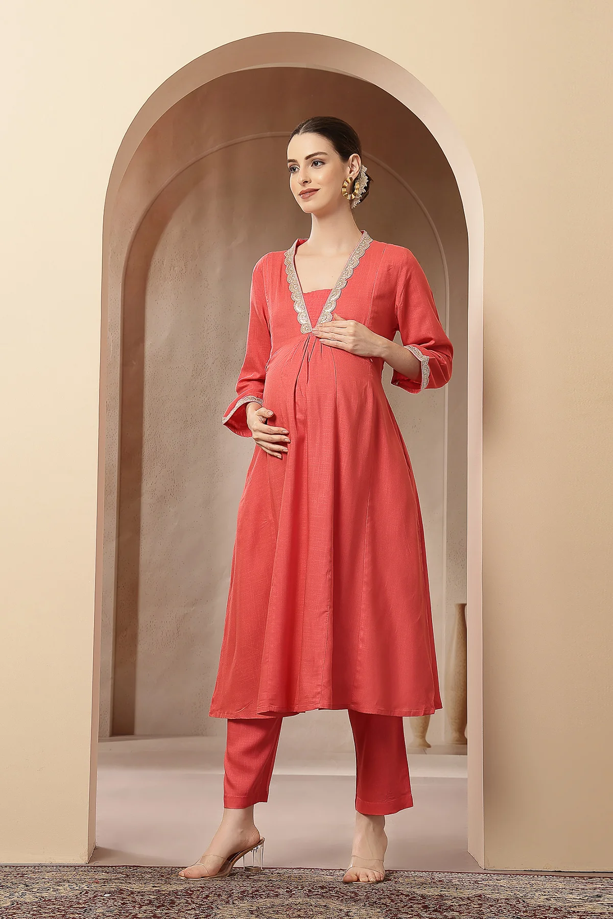 Maternity Concealed Zip Feeding Kurta Set with Dupatta - Coral Pink - Image 4