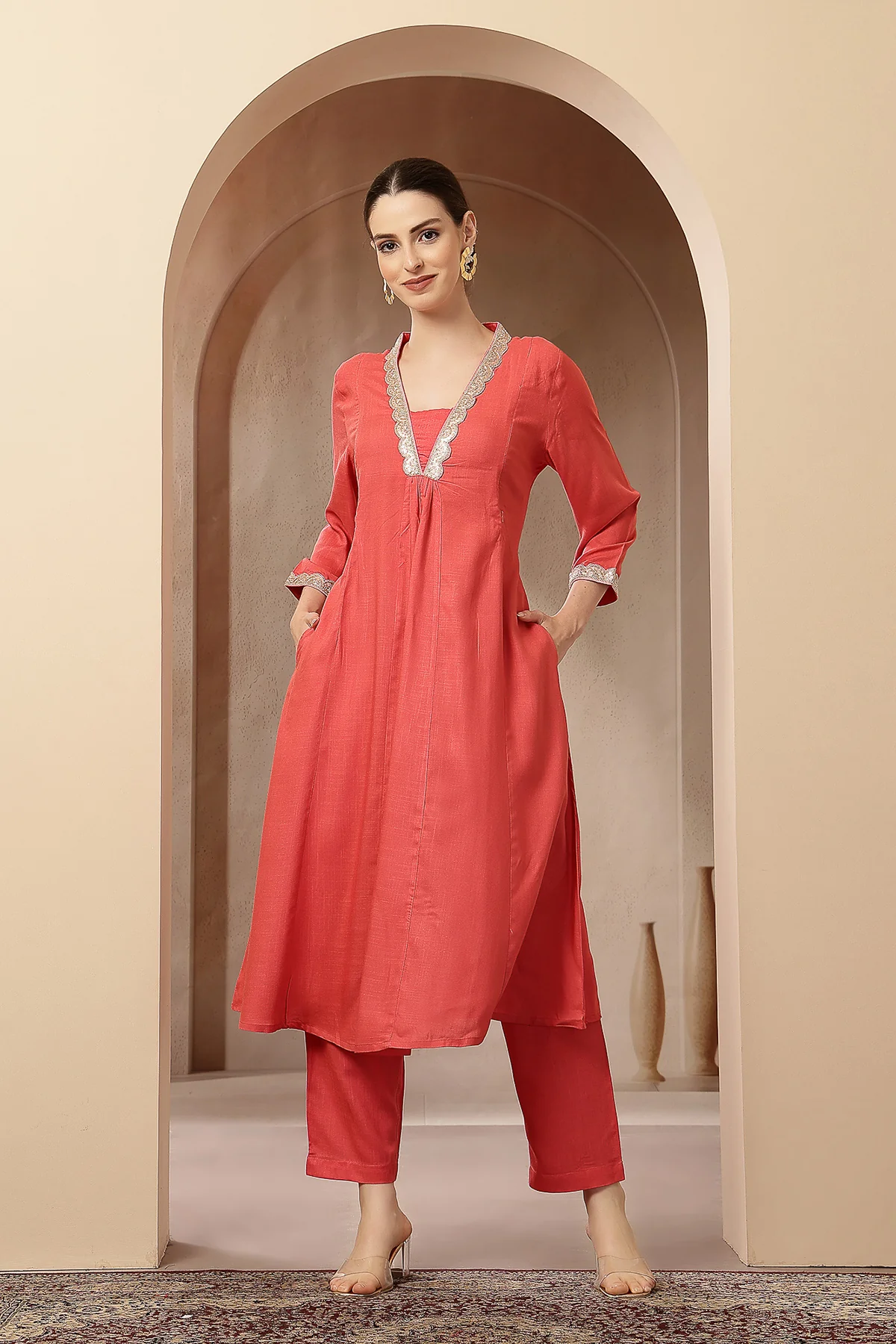 Maternity Concealed Zip Feeding Kurta Set with Dupatta - Coral Pink - Image 6