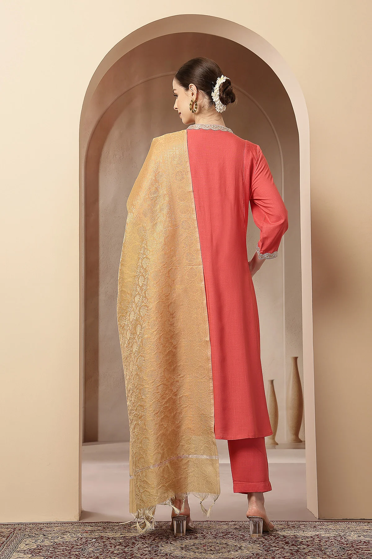 Maternity Concealed Zip Feeding Kurta Set with Dupatta - Coral Pink - Image 7