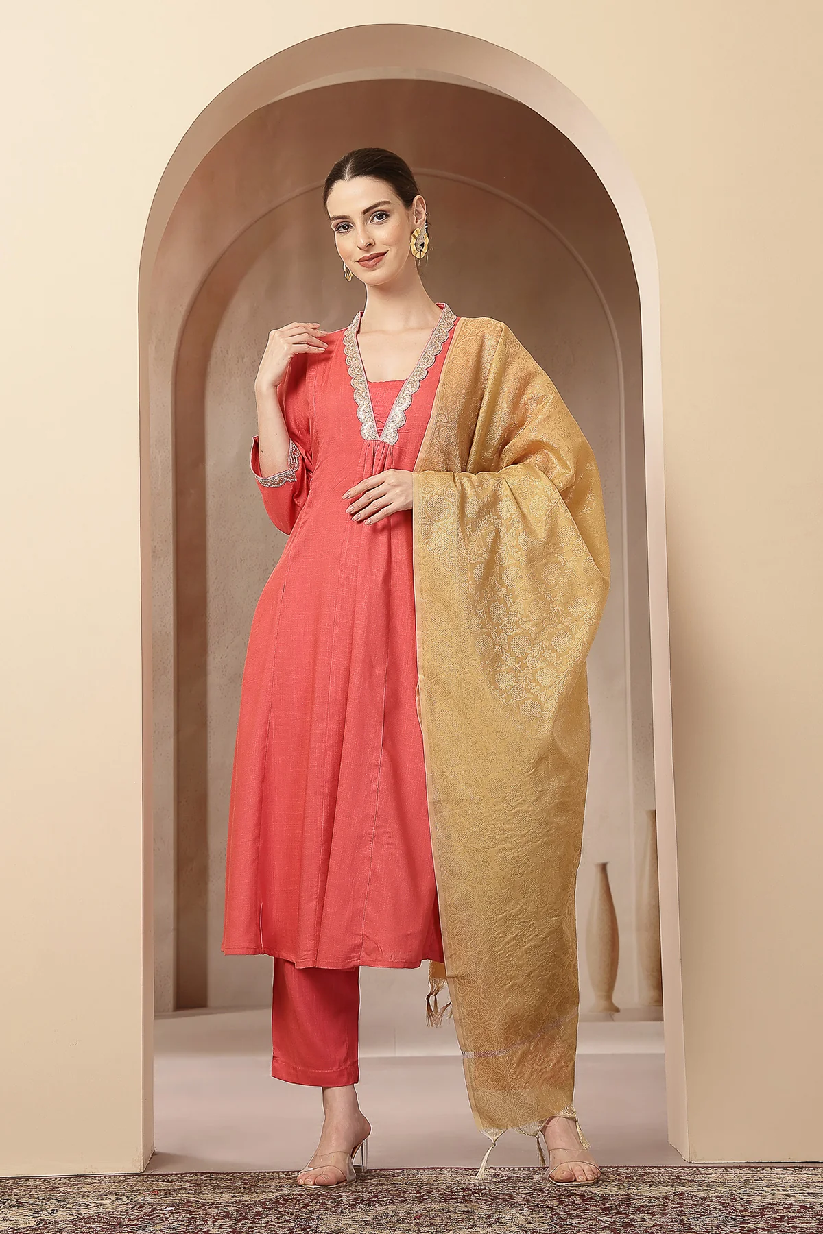 Maternity Concealed Zip Feeding Kurta Set with Dupatta - Coral Pink - Image 8