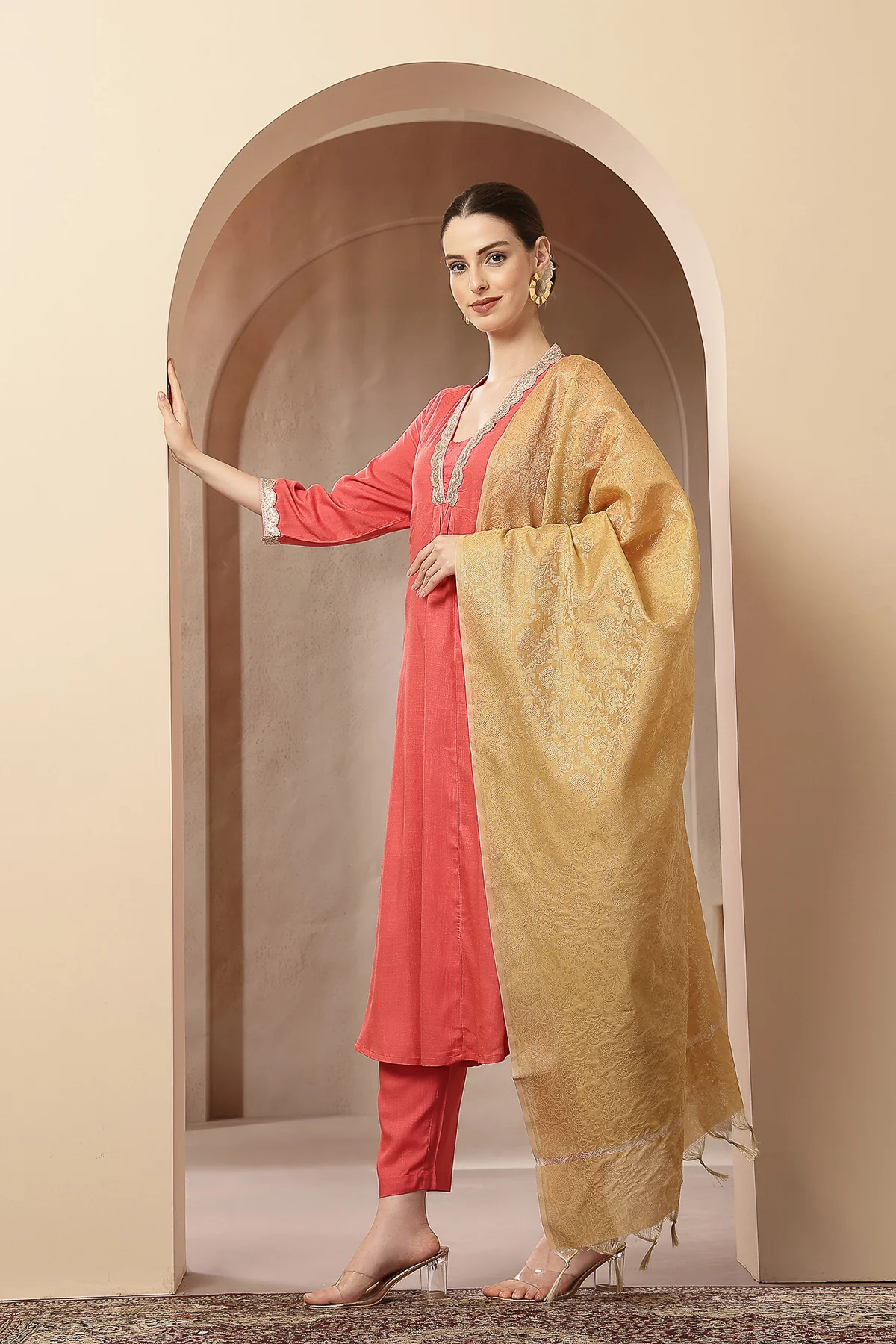 Maternity Concealed Zip Feeding Kurta Set with Dupatta - Coral Pink - Image 9