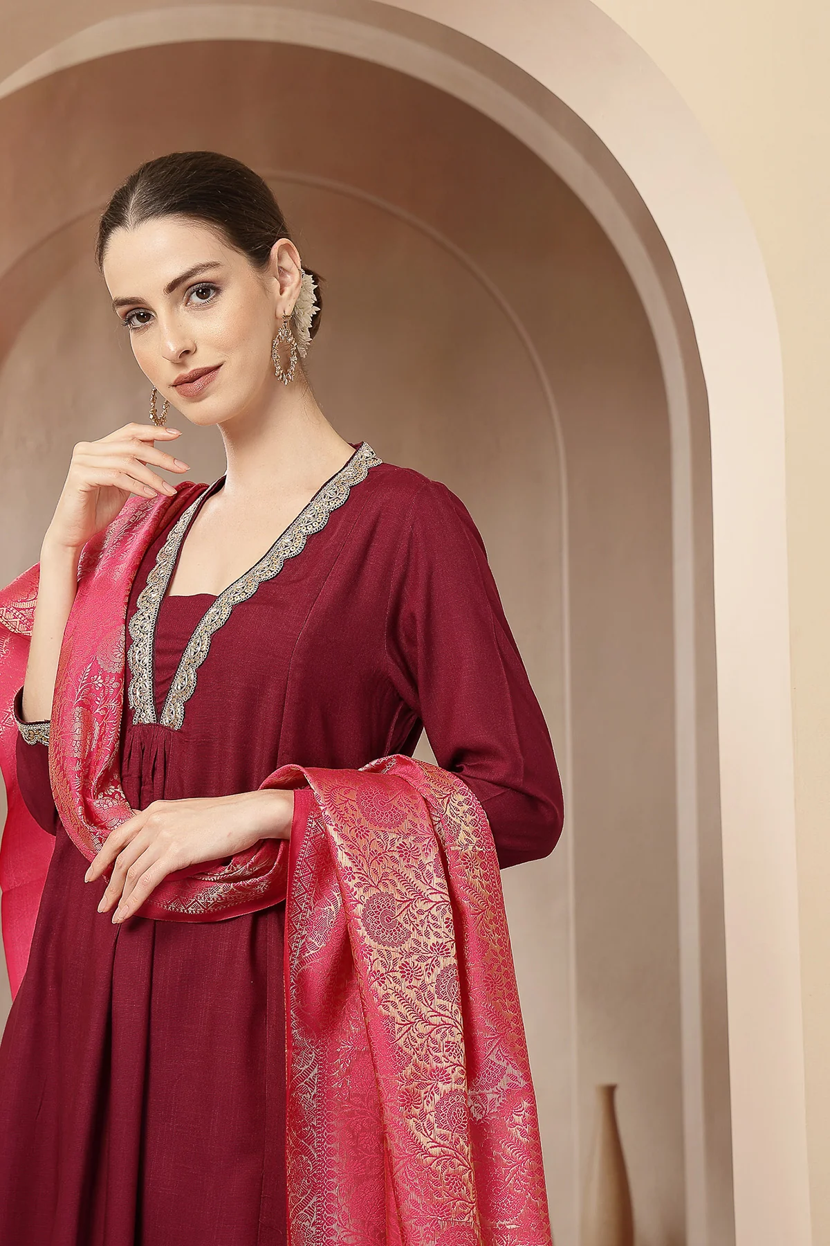 Maternity Concealed Zip Feeding Kurta Set with Dupatta - Maroon - Image 11