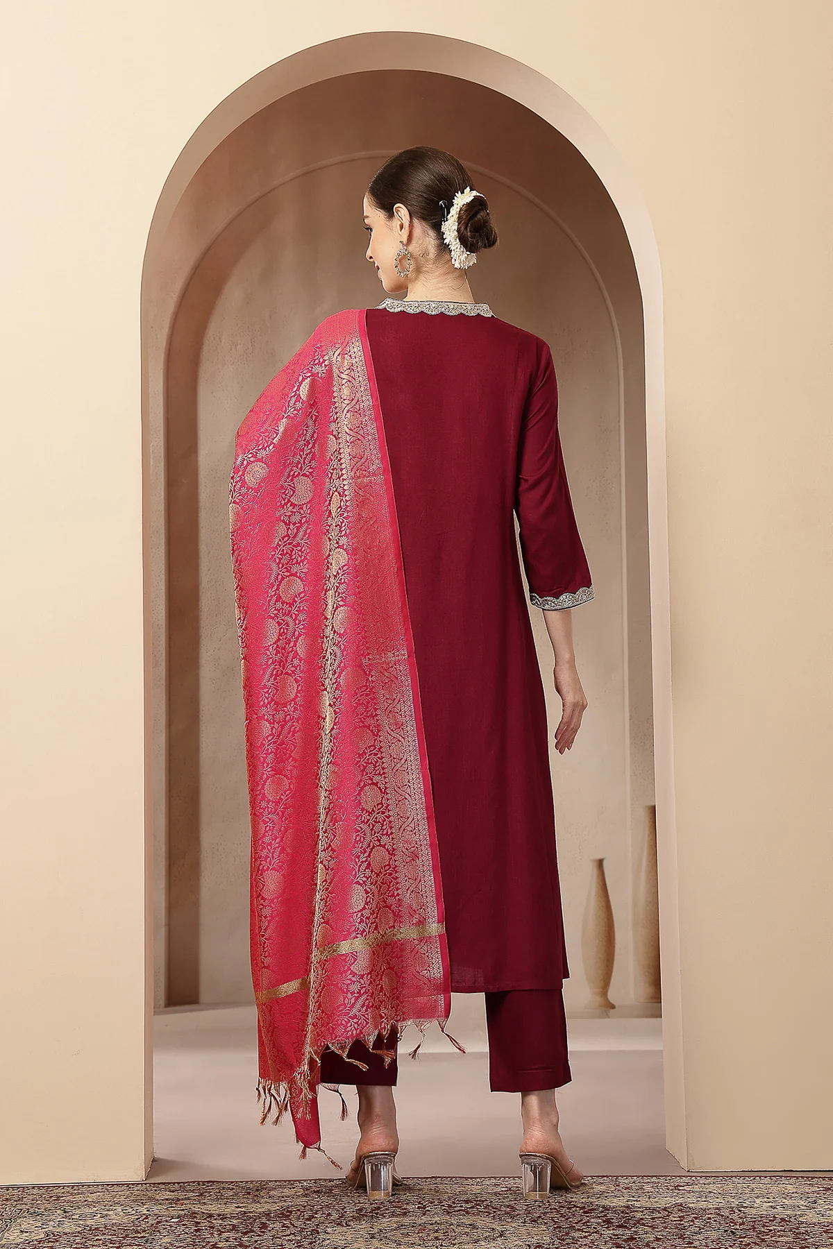 Maternity Concealed Zip Feeding Kurta Set with Dupatta - Maroon - Image 3