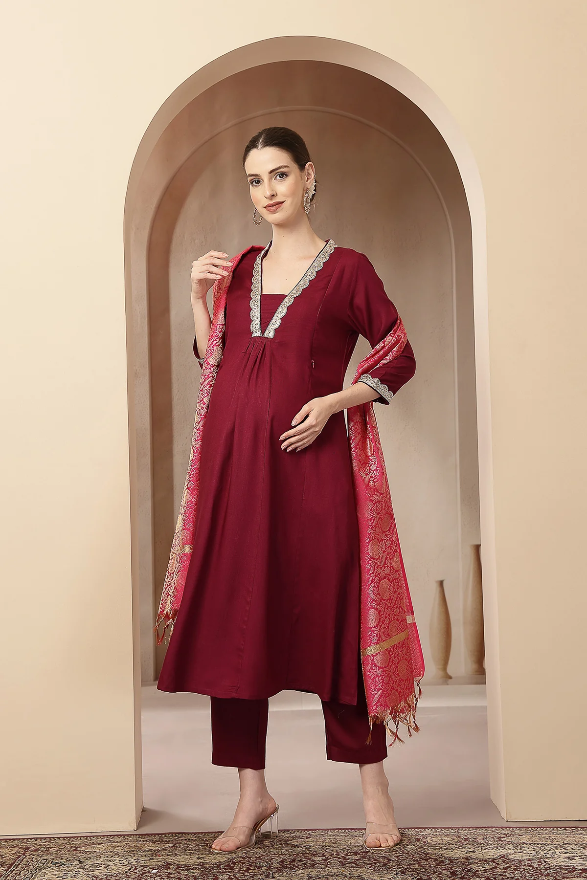 Maternity Concealed Zip Feeding Kurta Set with Dupatta - Maroon - Image 4