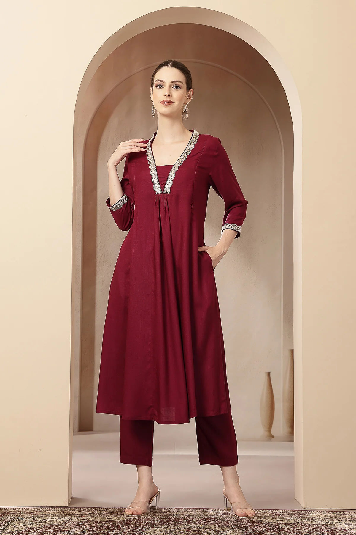 Maternity Concealed Zip Feeding Kurta Set with Dupatta - Maroon - Image 8