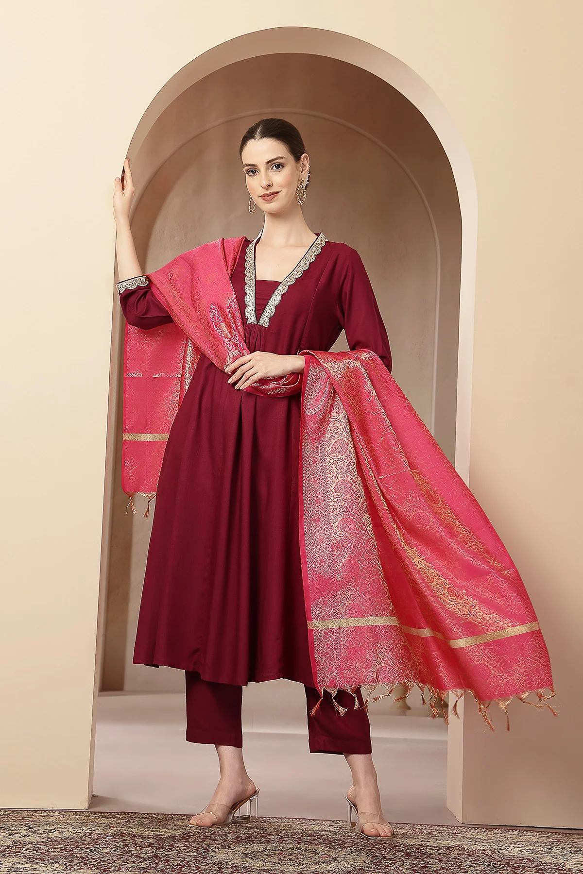 Maternity Concealed Zip Feeding Kurta Set with Dupatta - Maroon - Image 9