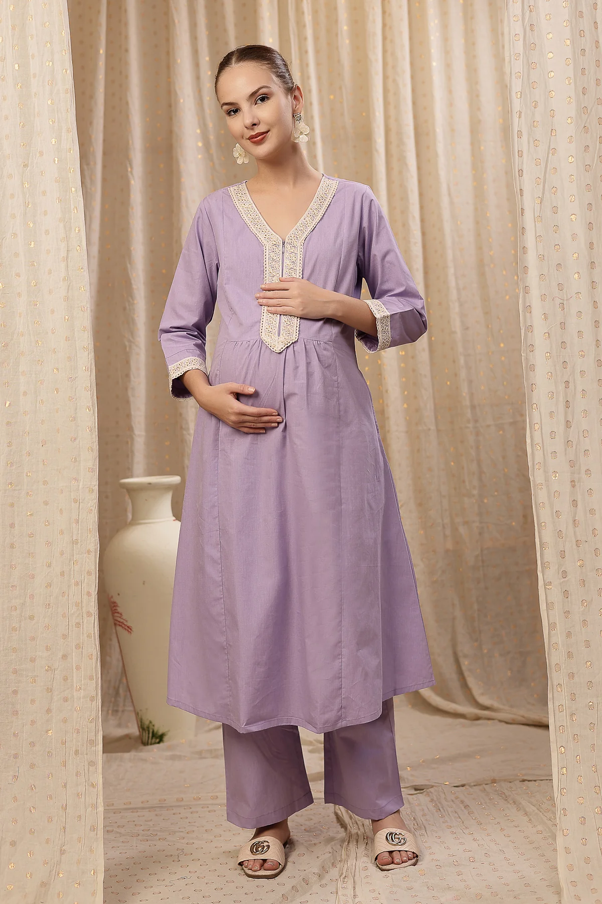 Maternity Cotton Kurta Pant Set - Lavender - Image 11