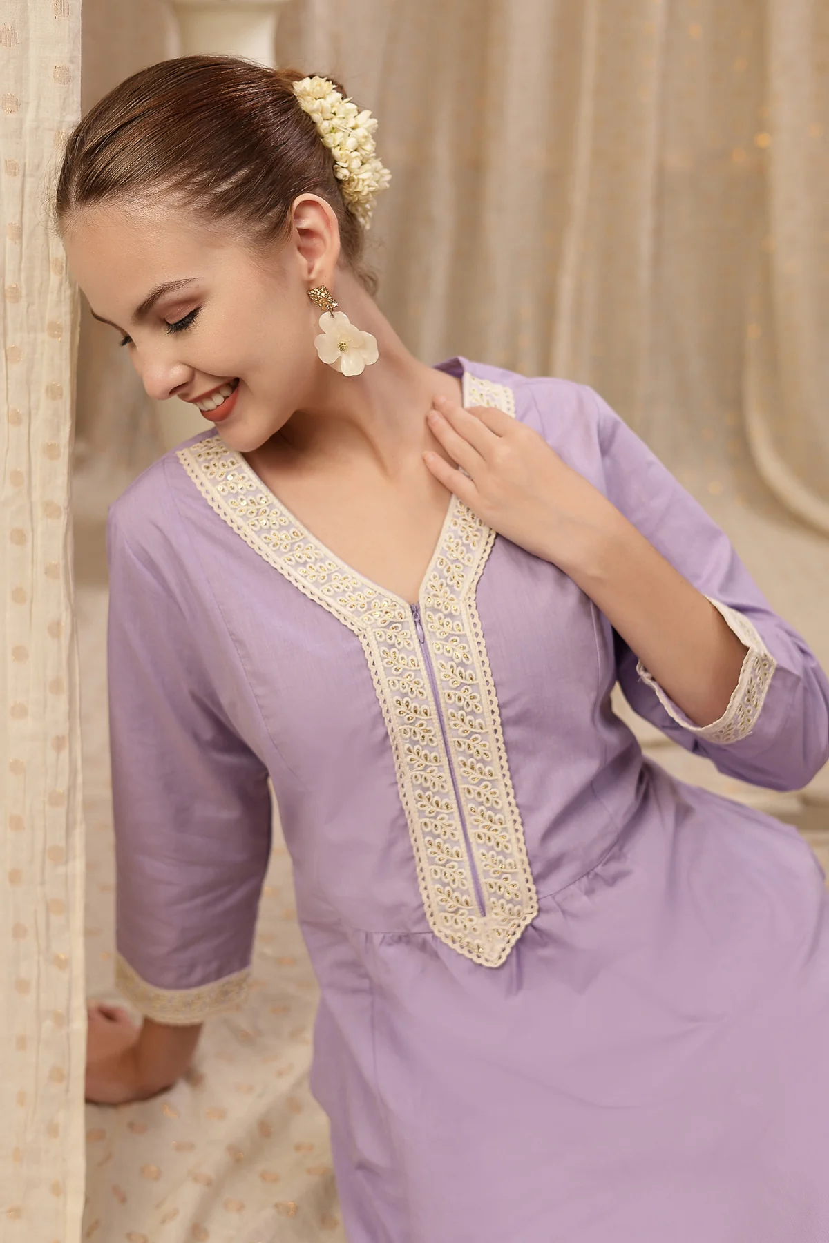 Maternity Cotton Kurta Pant Set - Lavender - Image 5