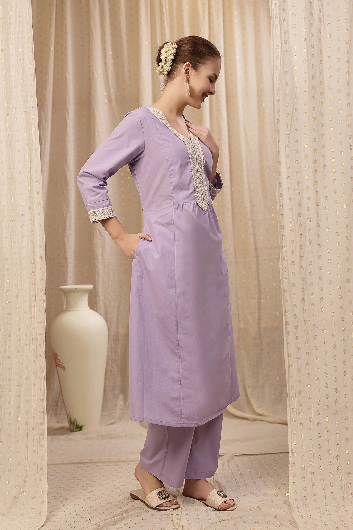 Maternity Cotton Kurta Pant Set - Lavender - Image 8