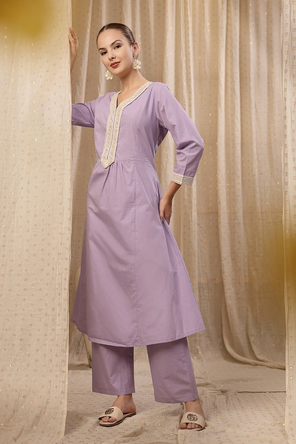 Maternity Cotton Kurta Pant Set - Lavender - Image 9