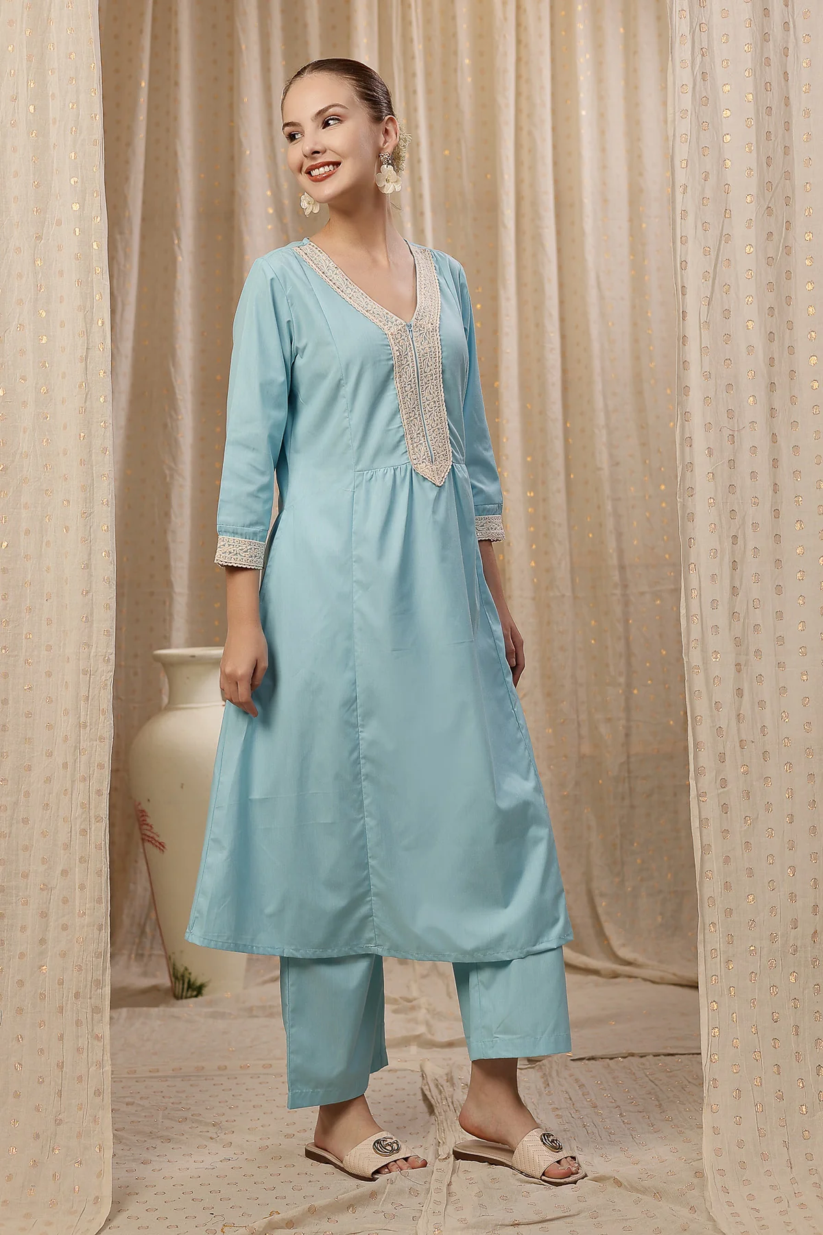 Maternity Cotton Kurta Pant Set - Light Blue - Image 10
