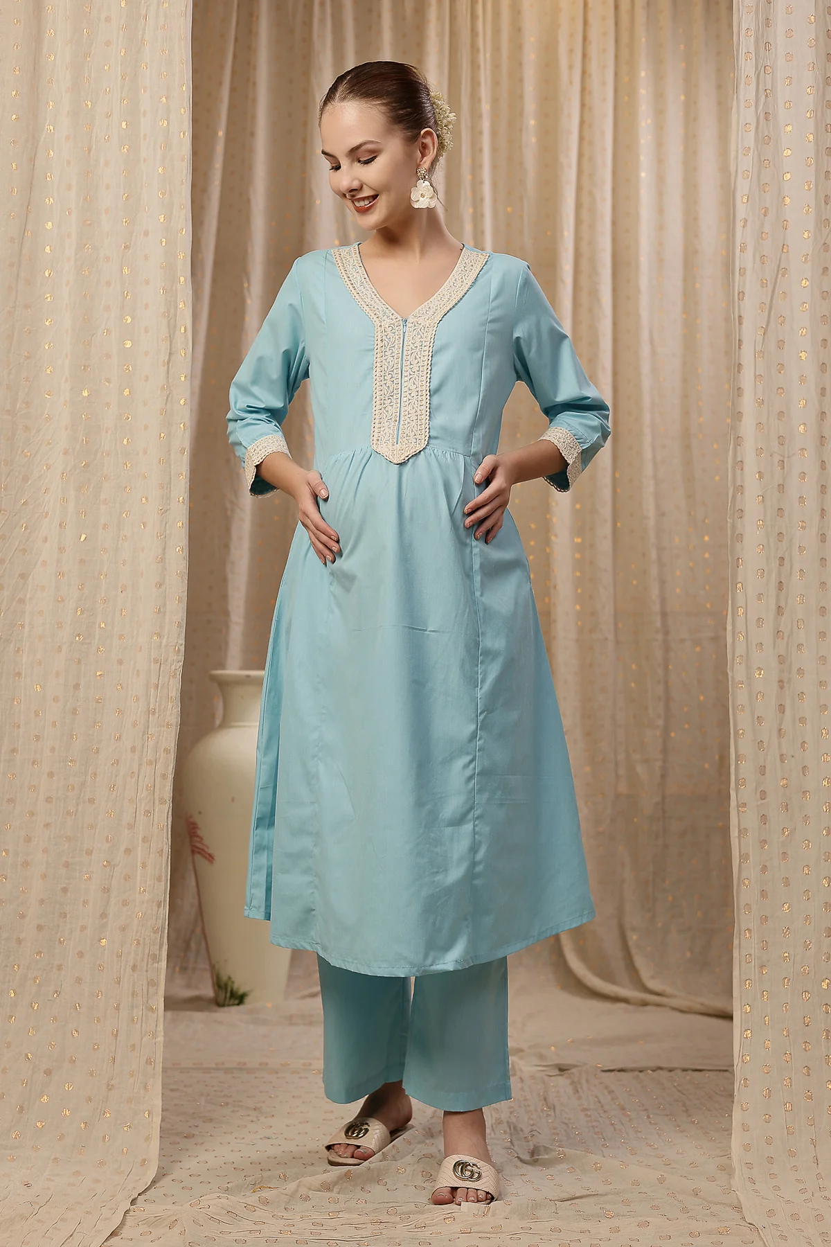 Maternity Cotton Kurta Pant Set - Light Blue - Image 4
