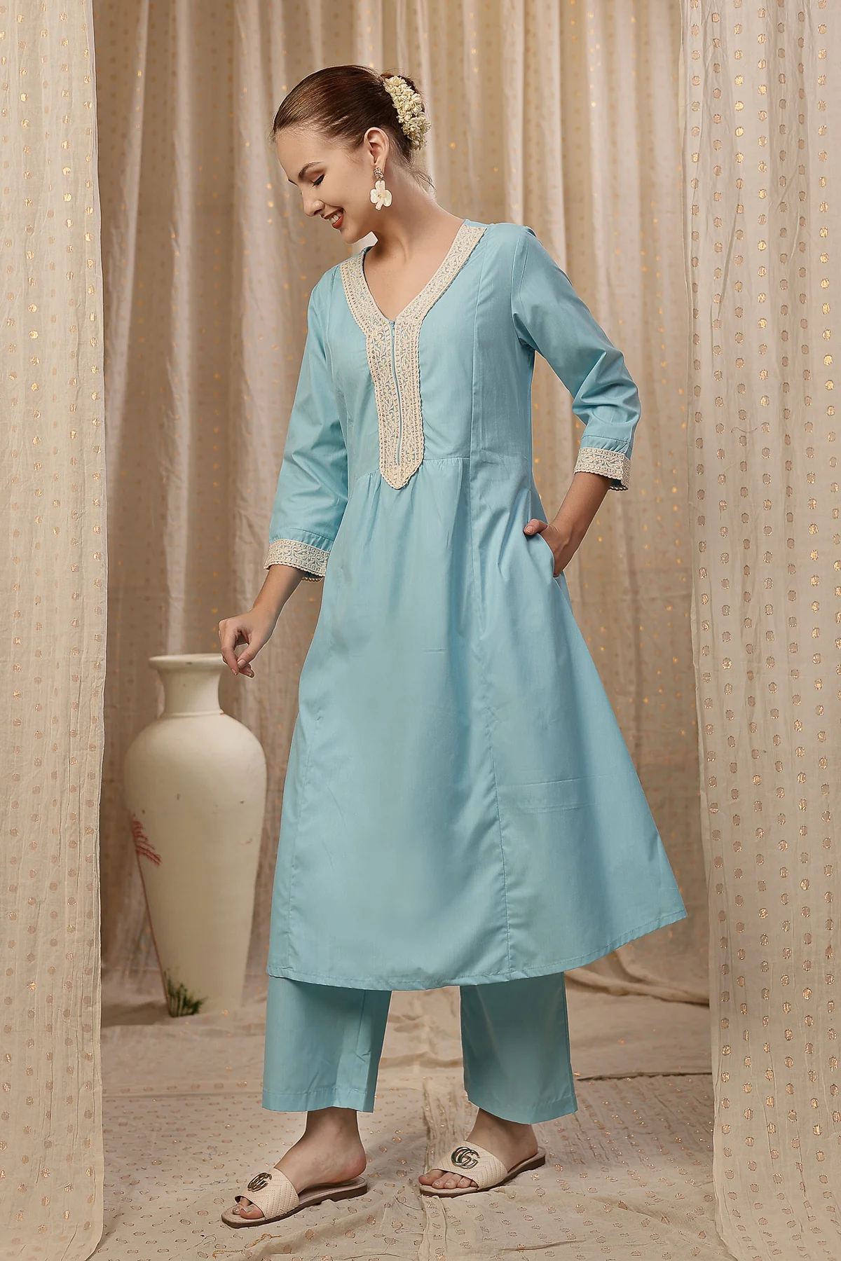 Maternity Cotton Kurta Pant Set - Light Blue - Image 5
