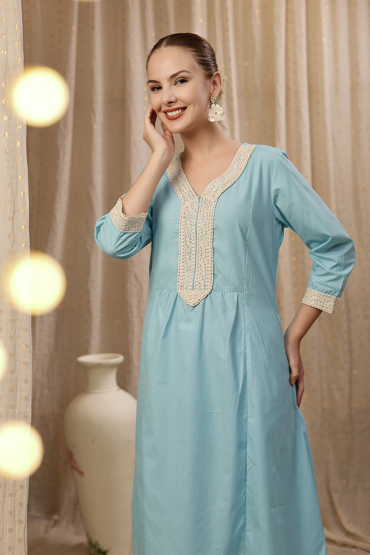 Maternity Cotton Kurta Pant Set - Light Blue - Image 7
