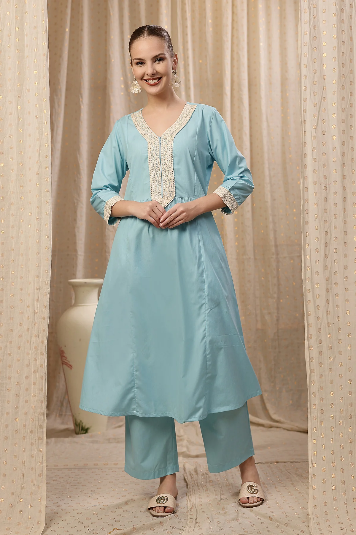 Maternity Cotton Kurta Pant Set - Light Blue - Image 8