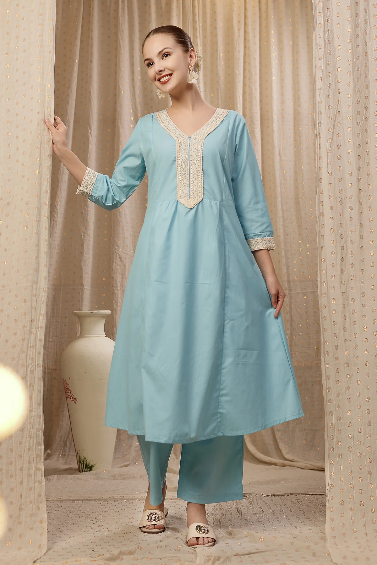 Maternity Cotton Kurta Pant Set - Light Blue - Image 9
