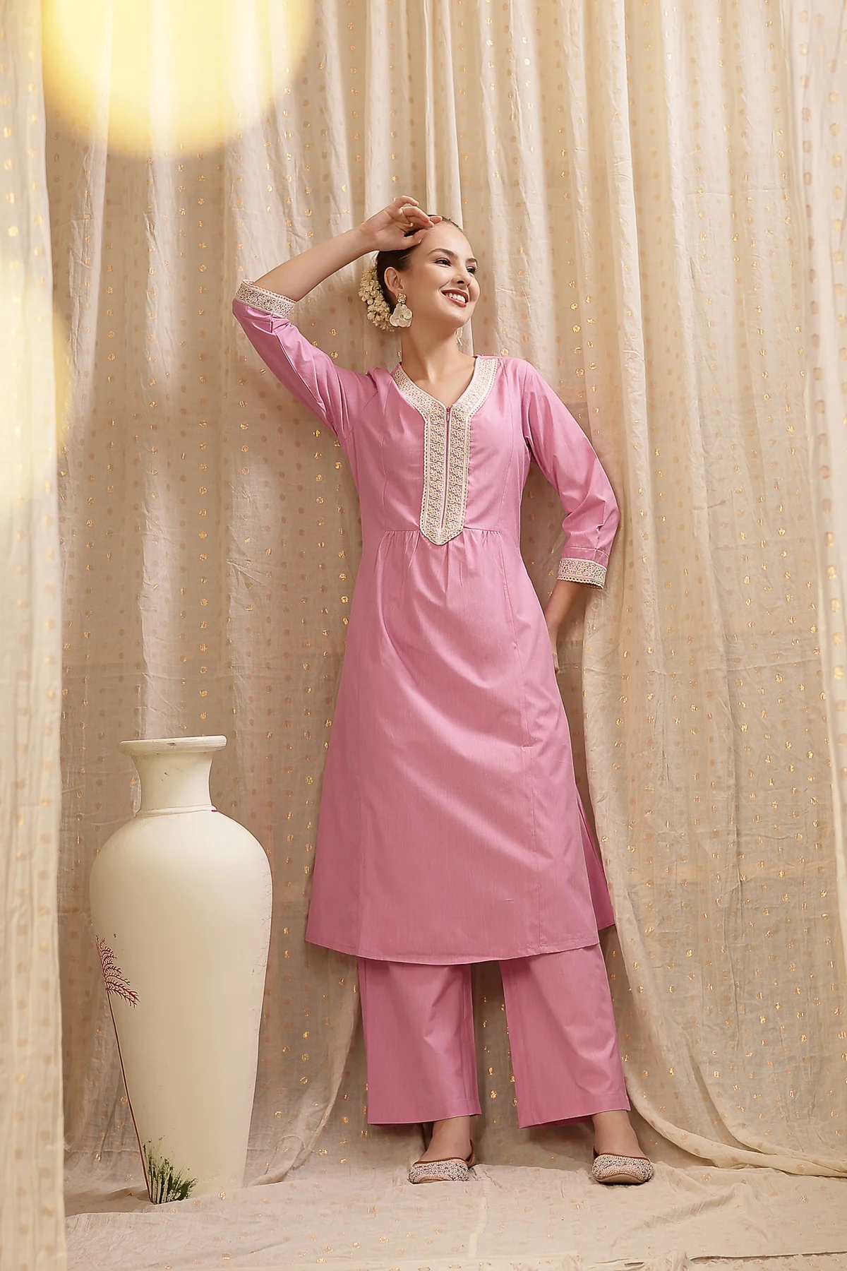 Maternity Cotton Kurta Pant Set - Light Pink - Image 10