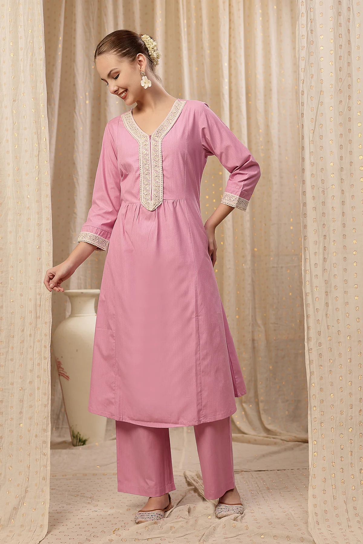 Maternity Cotton Kurta Pant Set - Light Pink - Image 3