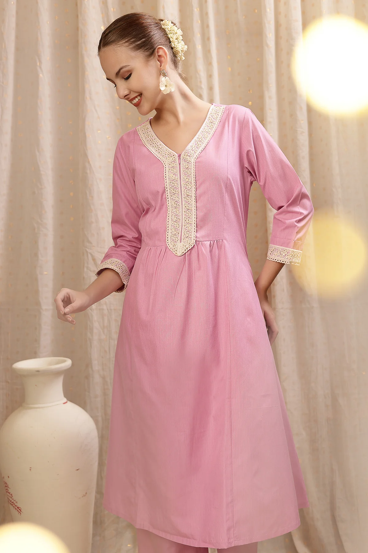 Maternity Cotton Kurta Pant Set - Light Pink - Image 9