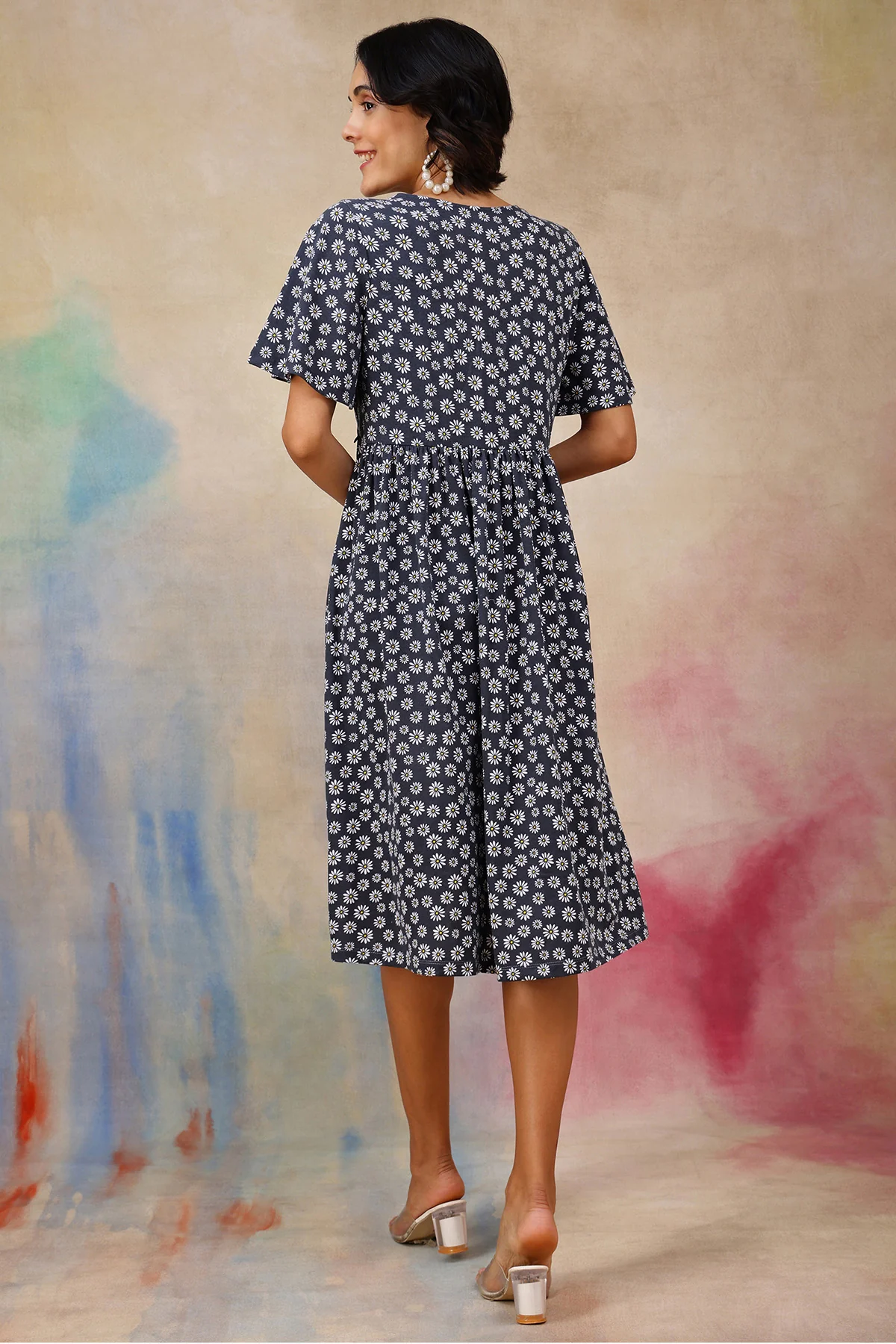 Maternity Floral V-Neck Midi Feeding Dress - Image 3