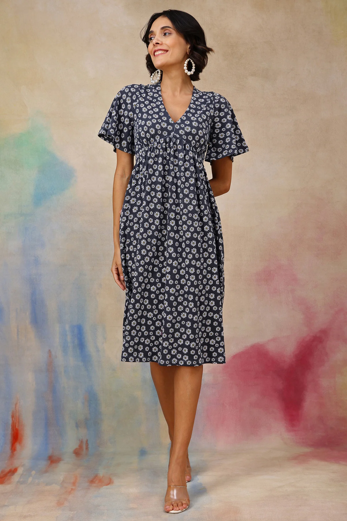 Maternity Floral V-Neck Midi Feeding Dress - Image 4