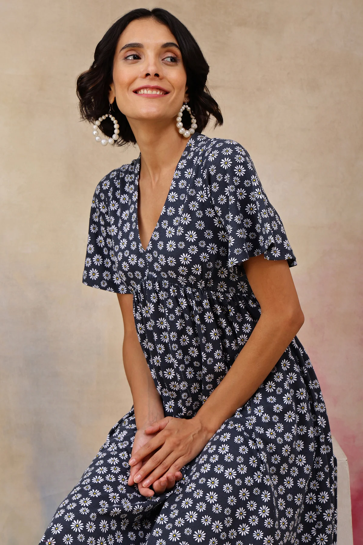 Maternity Floral V-Neck Midi Feeding Dress - Image 5