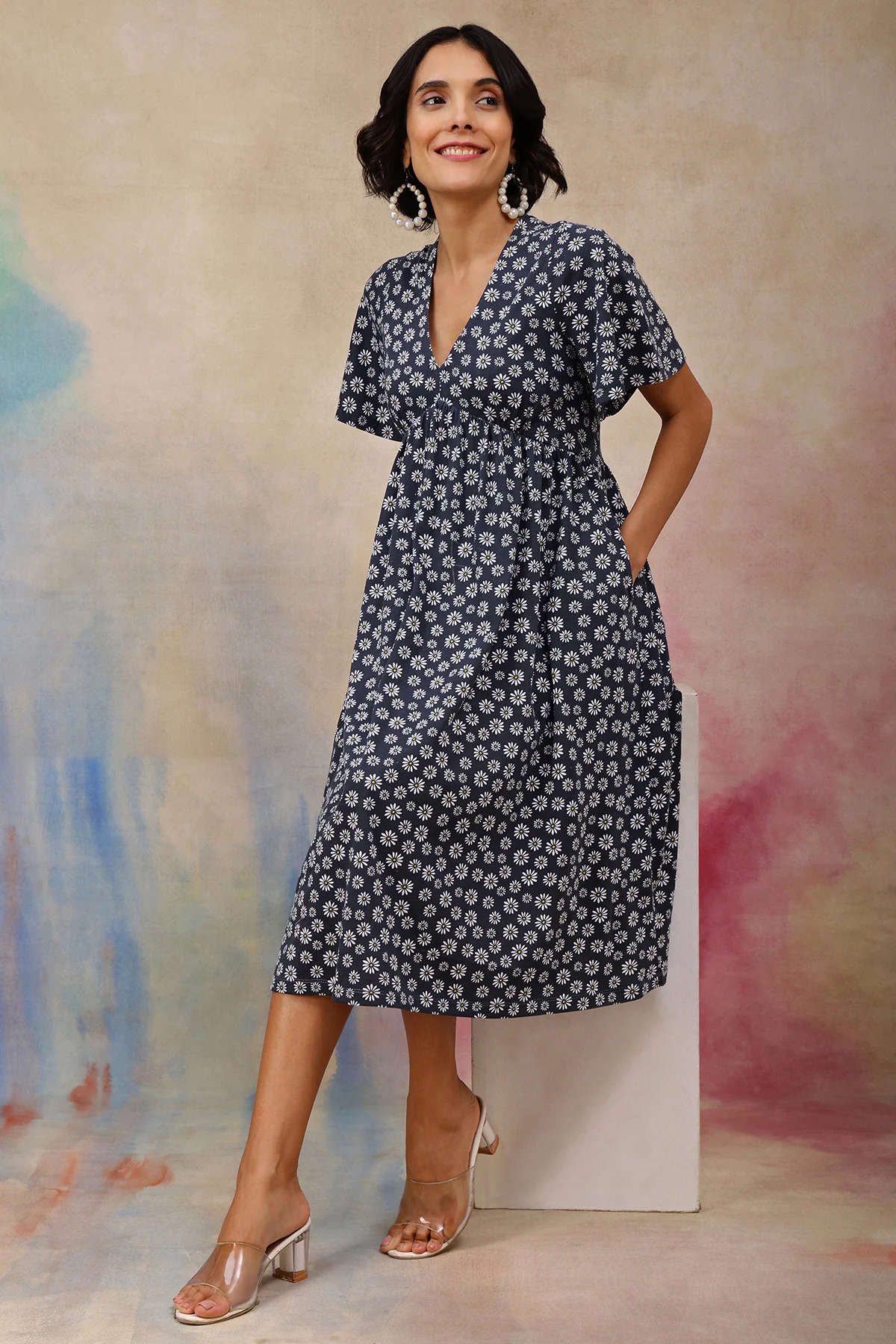 Maternity Floral V-Neck Midi Feeding Dress - Image 6