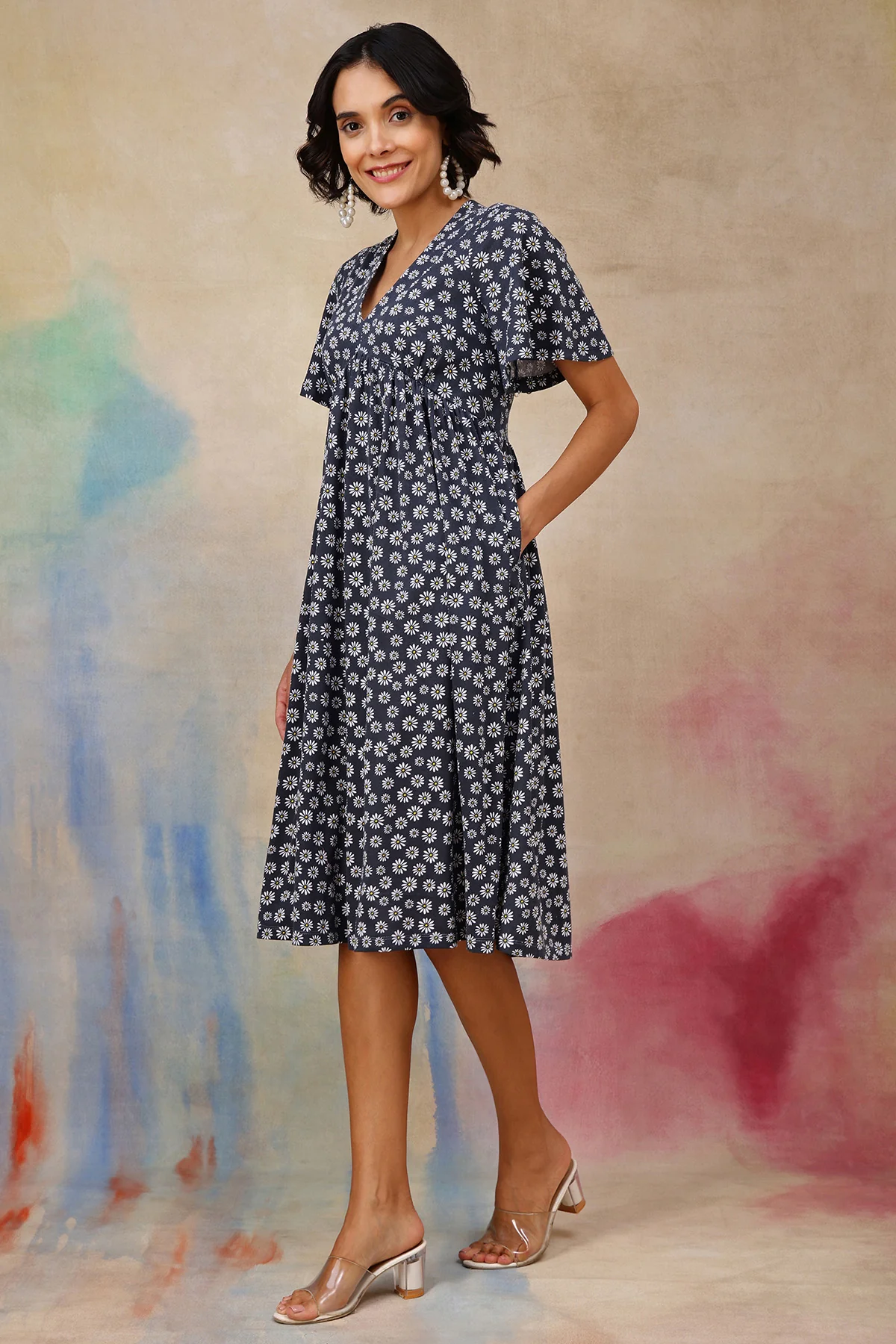 Maternity Floral V-Neck Midi Feeding Dress - Image 8