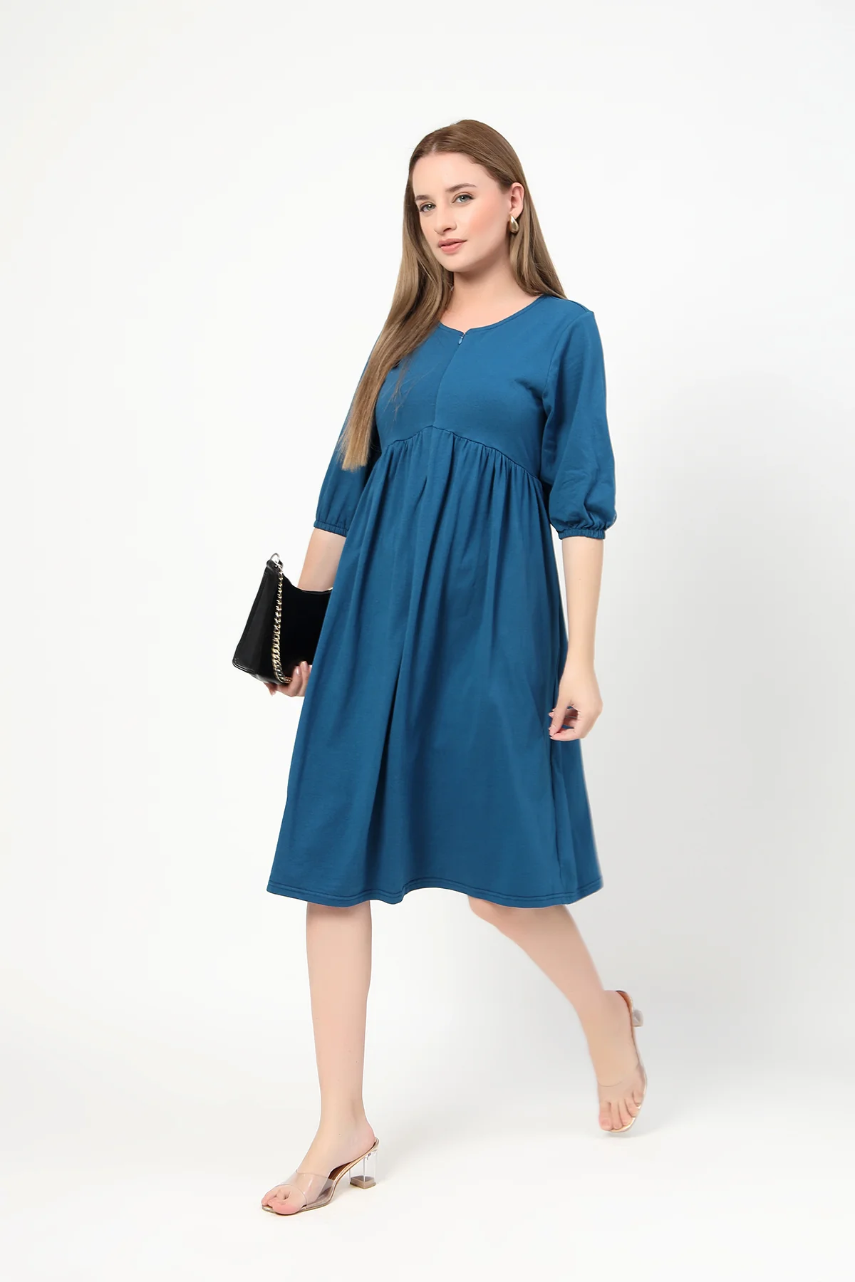 Maternity & Nursing Knee-Length Cotton Dress with Pocket - Airforce - Image 11
