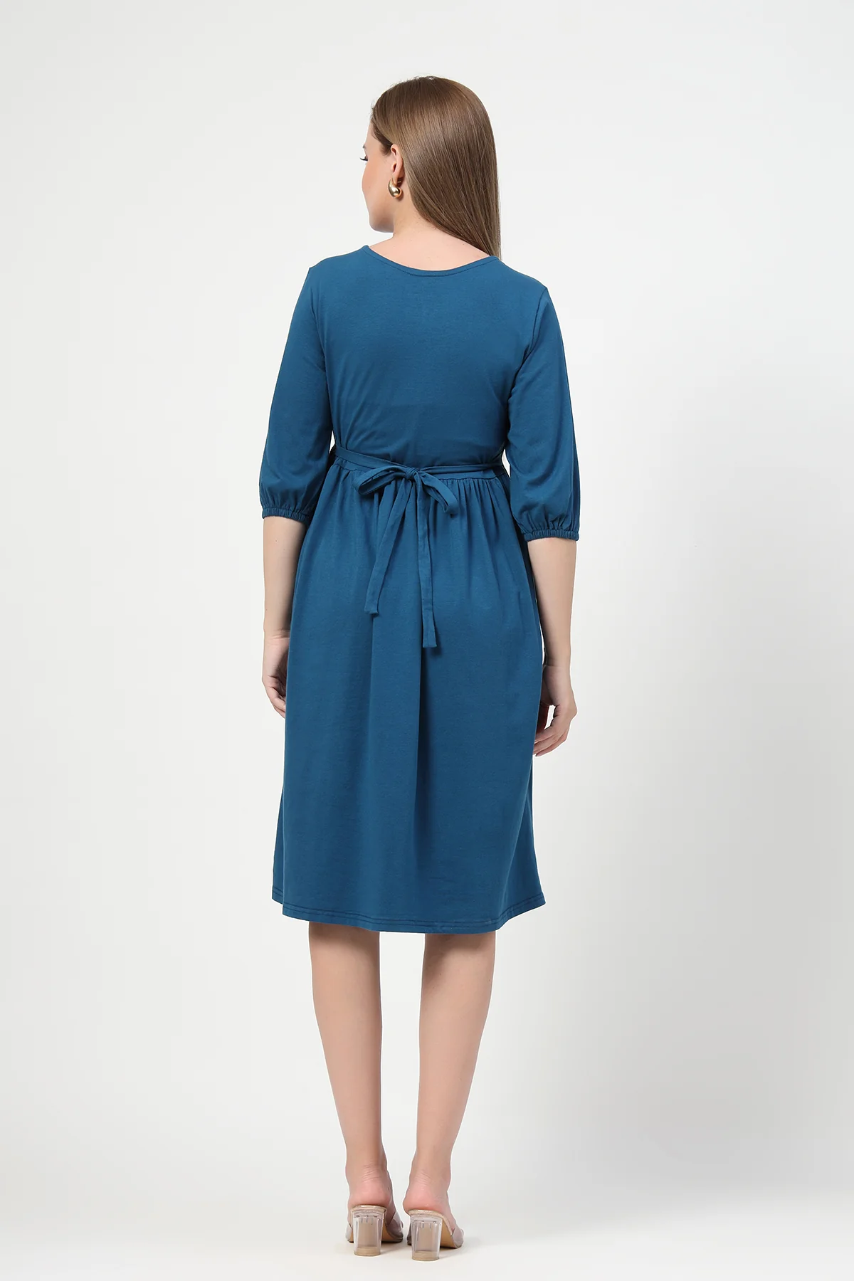 Maternity & Nursing Knee-Length Cotton Dress with Pocket - Airforce - Image 3