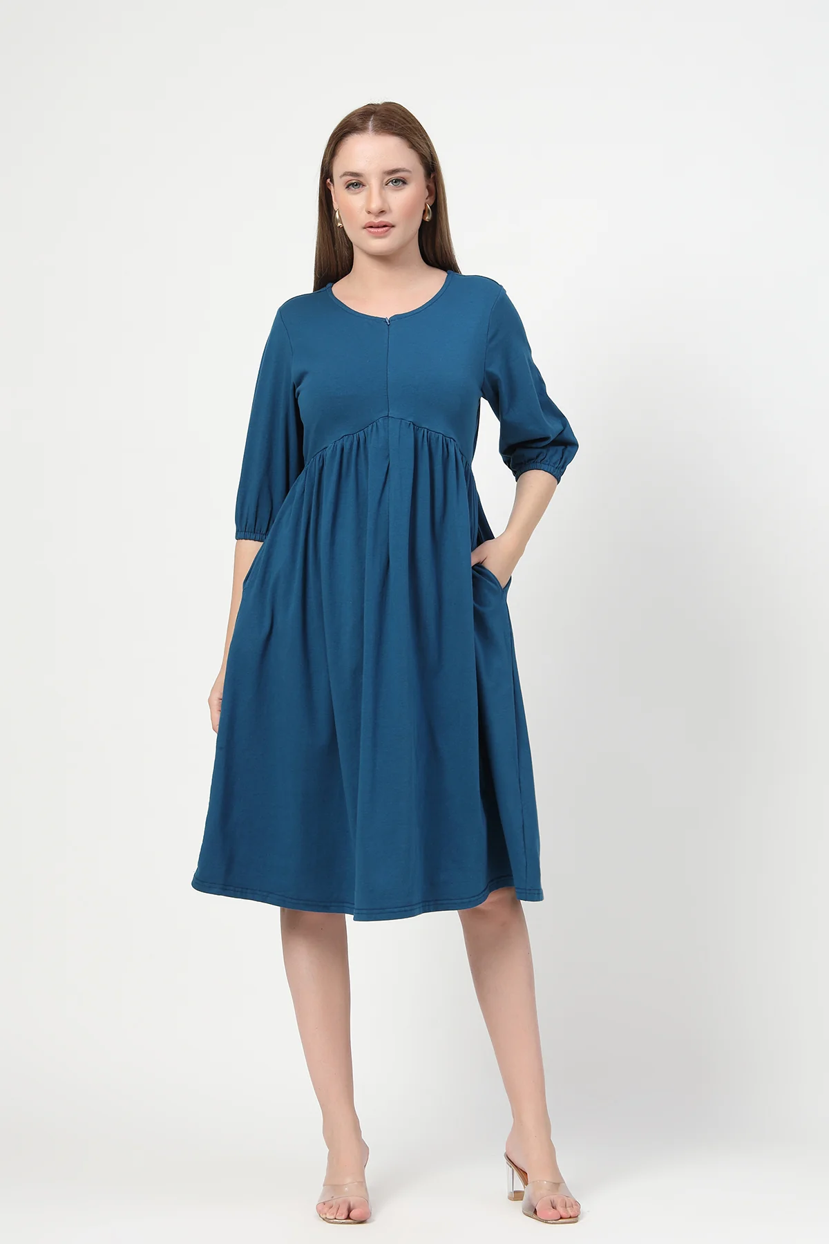 Maternity & Nursing Knee-Length Cotton Dress with Pocket - Airforce - Image 4