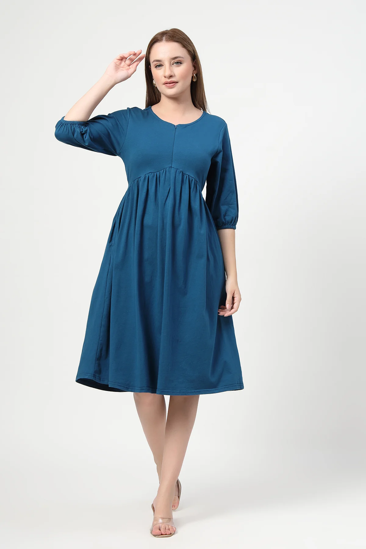 Maternity & Nursing Knee-Length Cotton Dress with Pocket - Airforce - Image 5