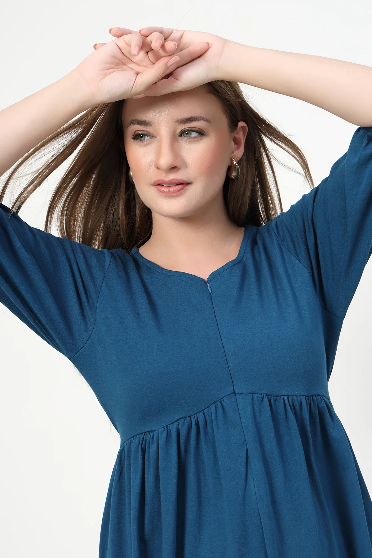 Maternity & Nursing Knee-Length Cotton Dress with Pocket - Airforce - Image 6