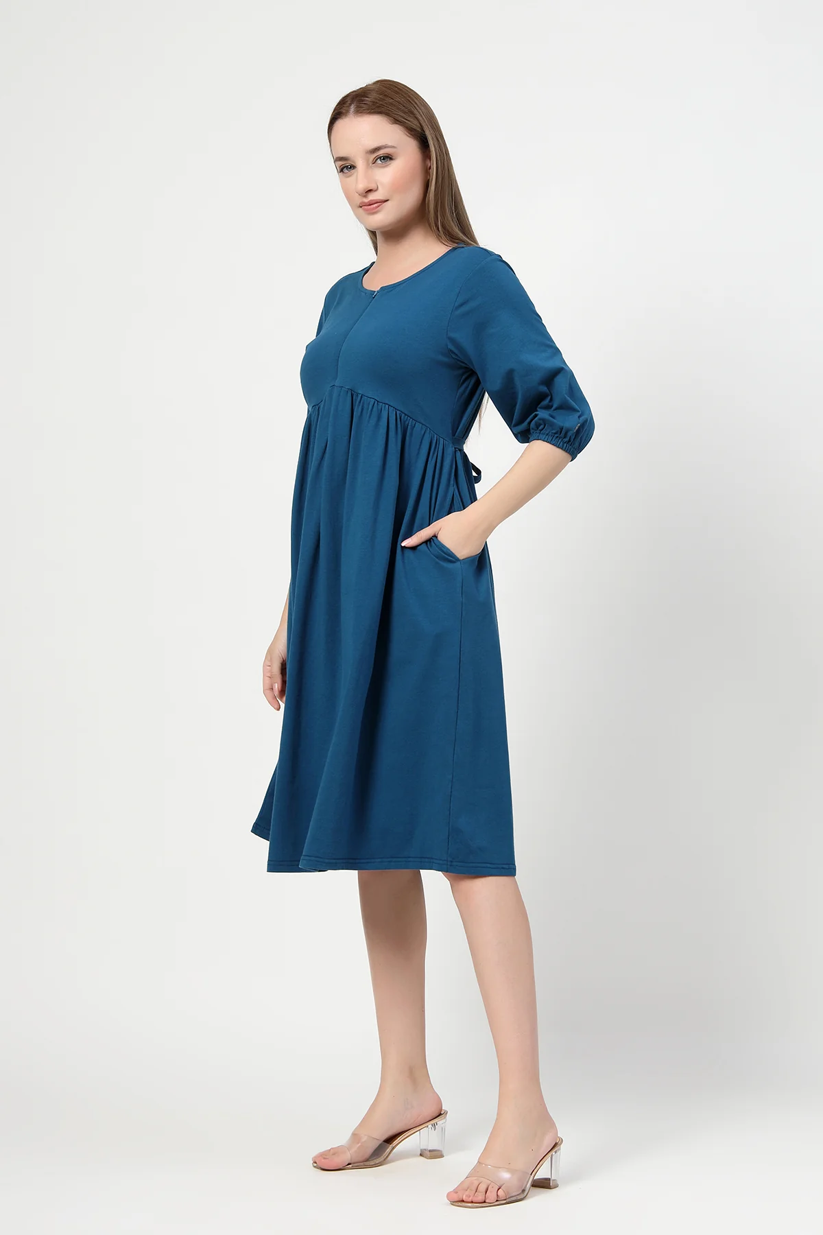 Maternity & Nursing Knee-Length Cotton Dress with Pocket - Airforce - Image 7