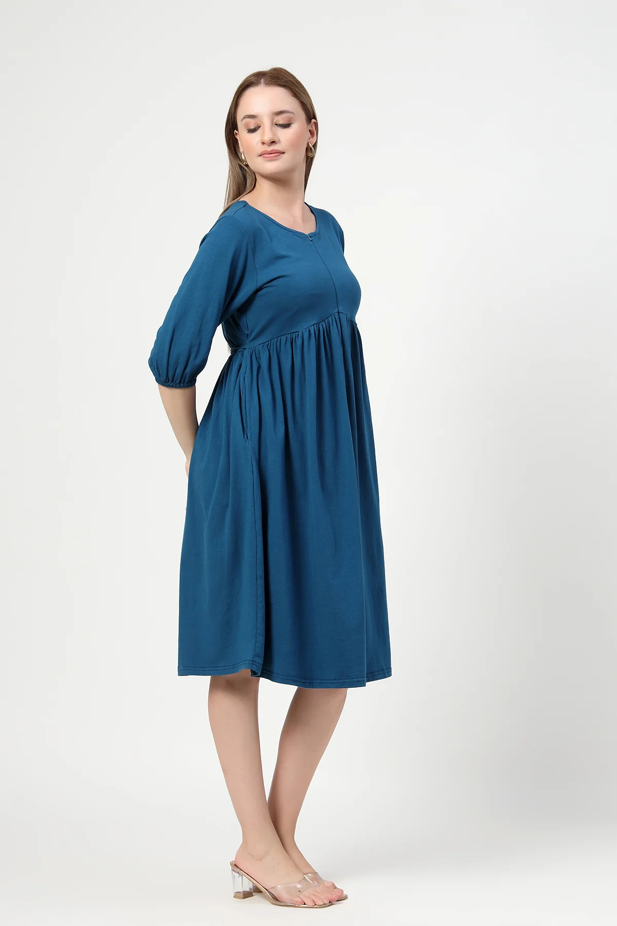 Maternity & Nursing Knee-Length Cotton Dress with Pocket - Airforce - Image 8