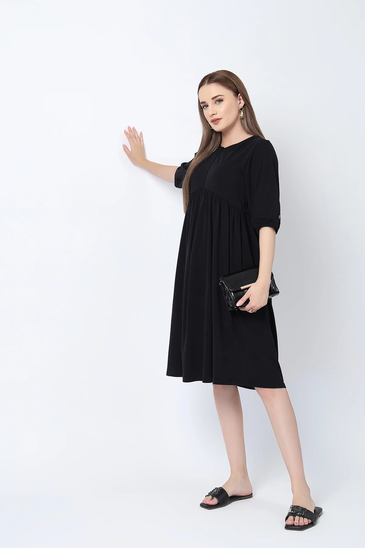 Maternity & Nursing Knee-Length Cotton Dress with Pocket - Black - Image 10