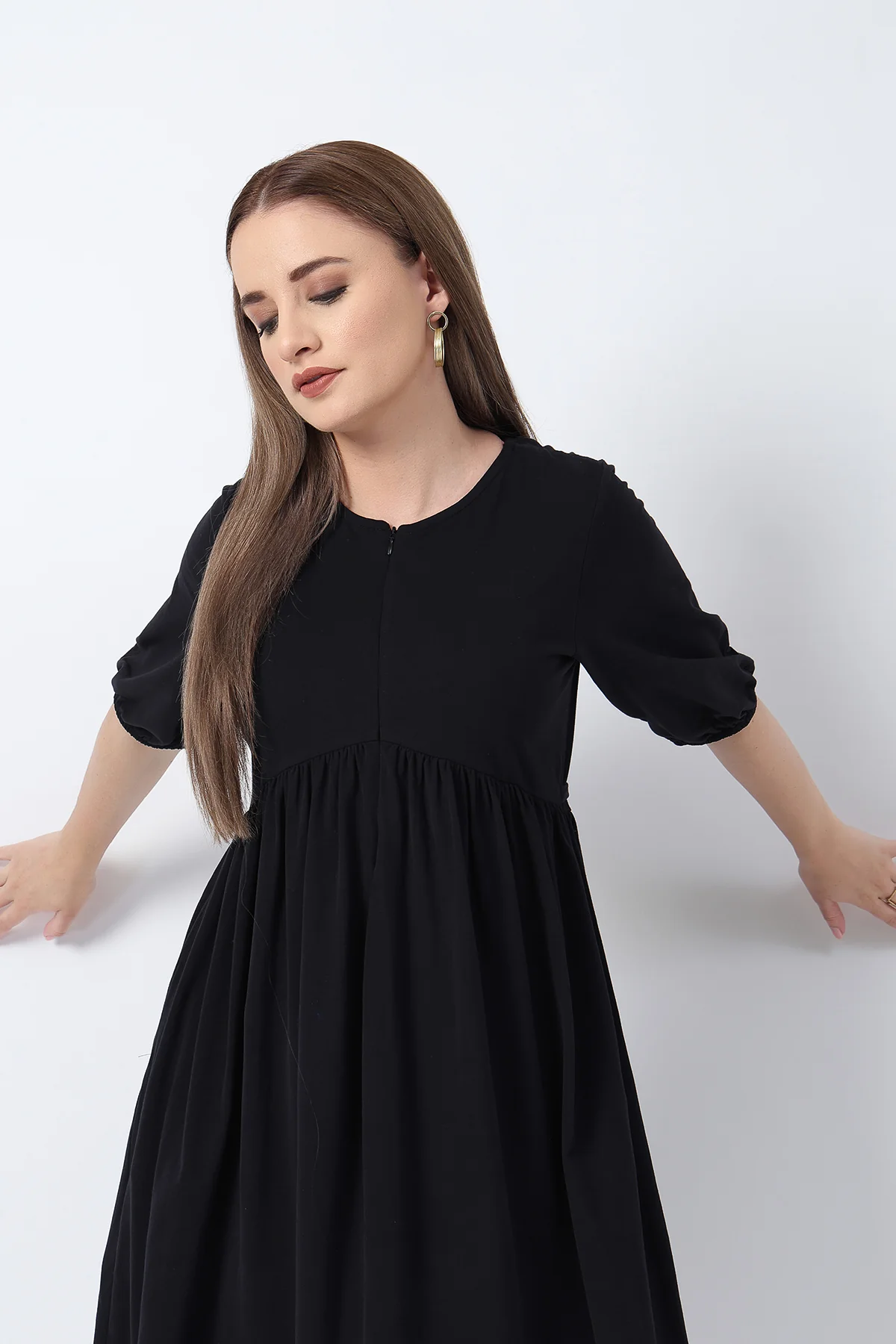 Maternity & Nursing Knee-Length Cotton Dress with Pocket - Black - Image 11