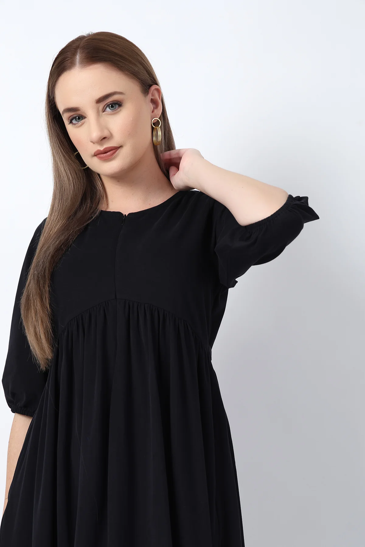Maternity & Nursing Knee-Length Cotton Dress with Pocket - Black - Image 12