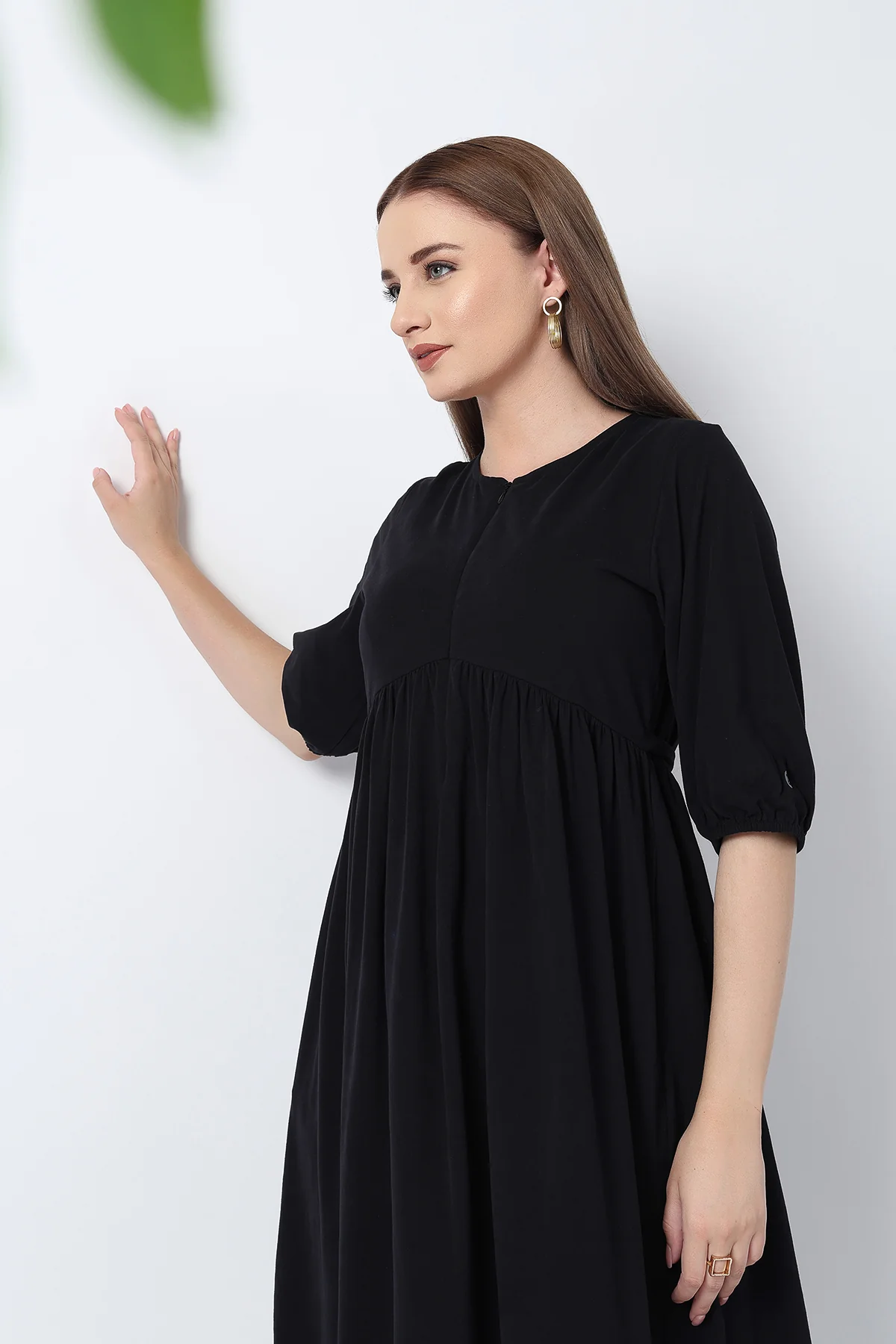 Maternity & Nursing Knee-Length Cotton Dress with Pocket - Black - Image 13