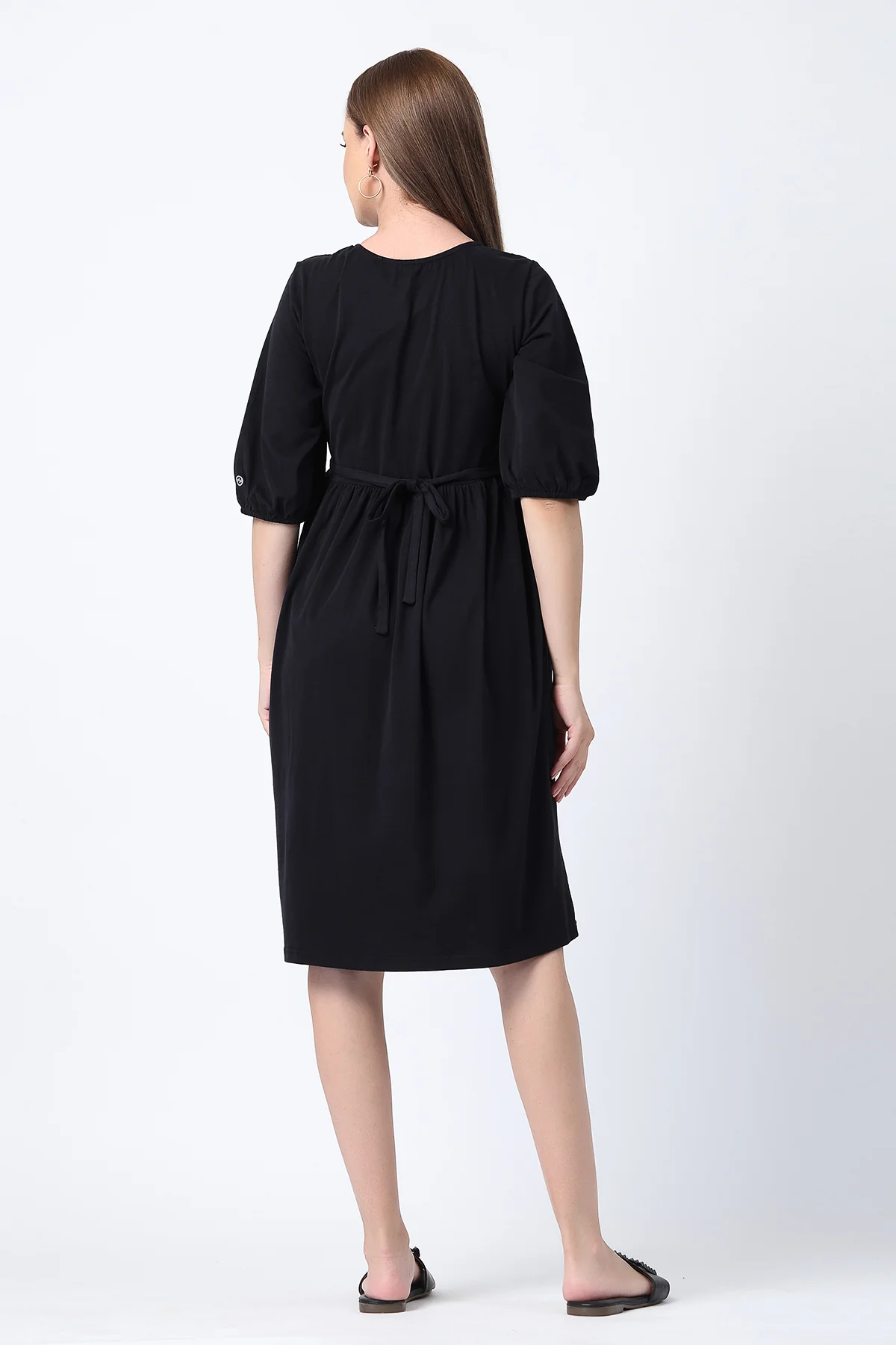 Maternity & Nursing Knee-Length Cotton Dress with Pocket - Black - Image 3