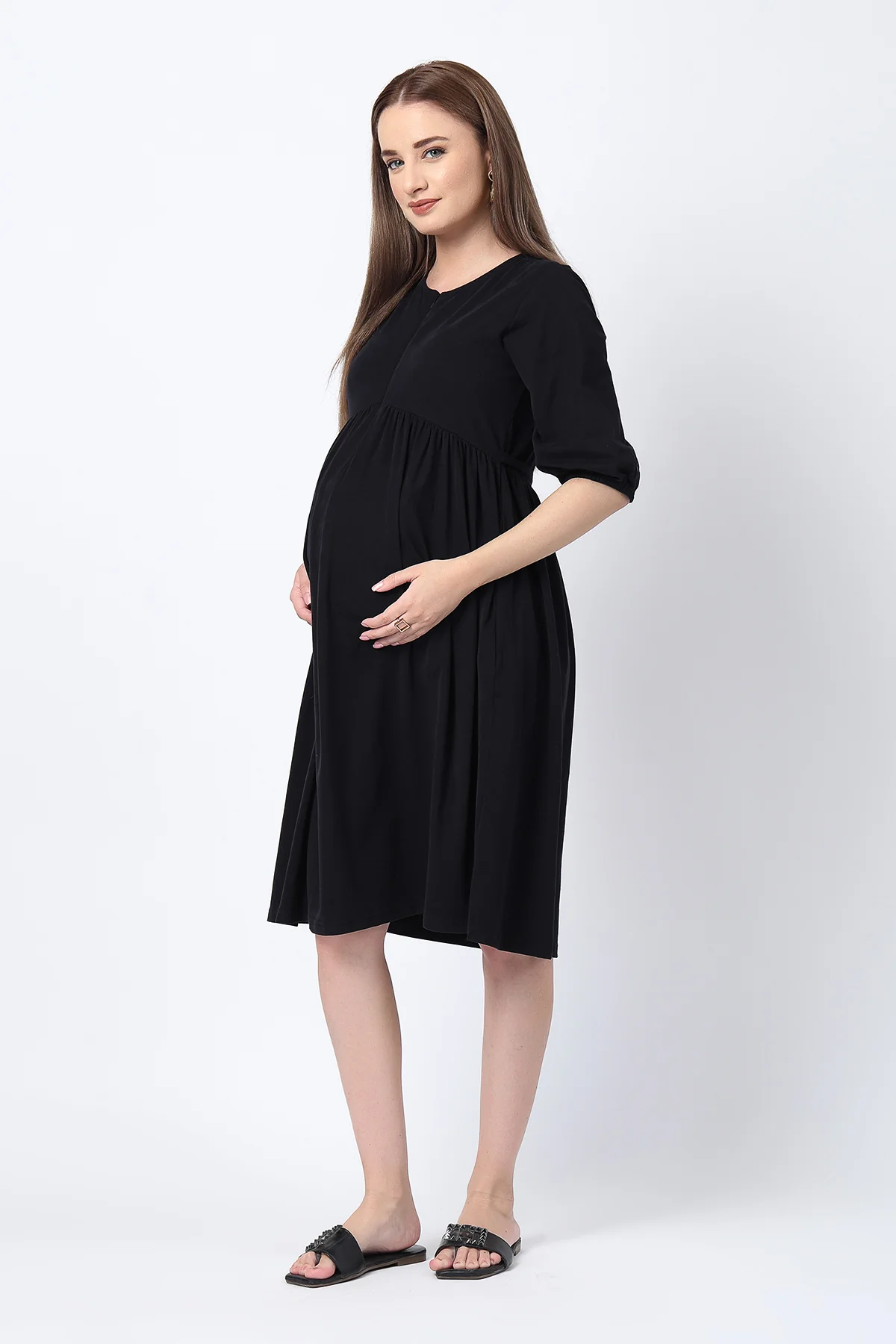 Maternity & Nursing Knee-Length Cotton Dress with Pocket - Black - Image 4
