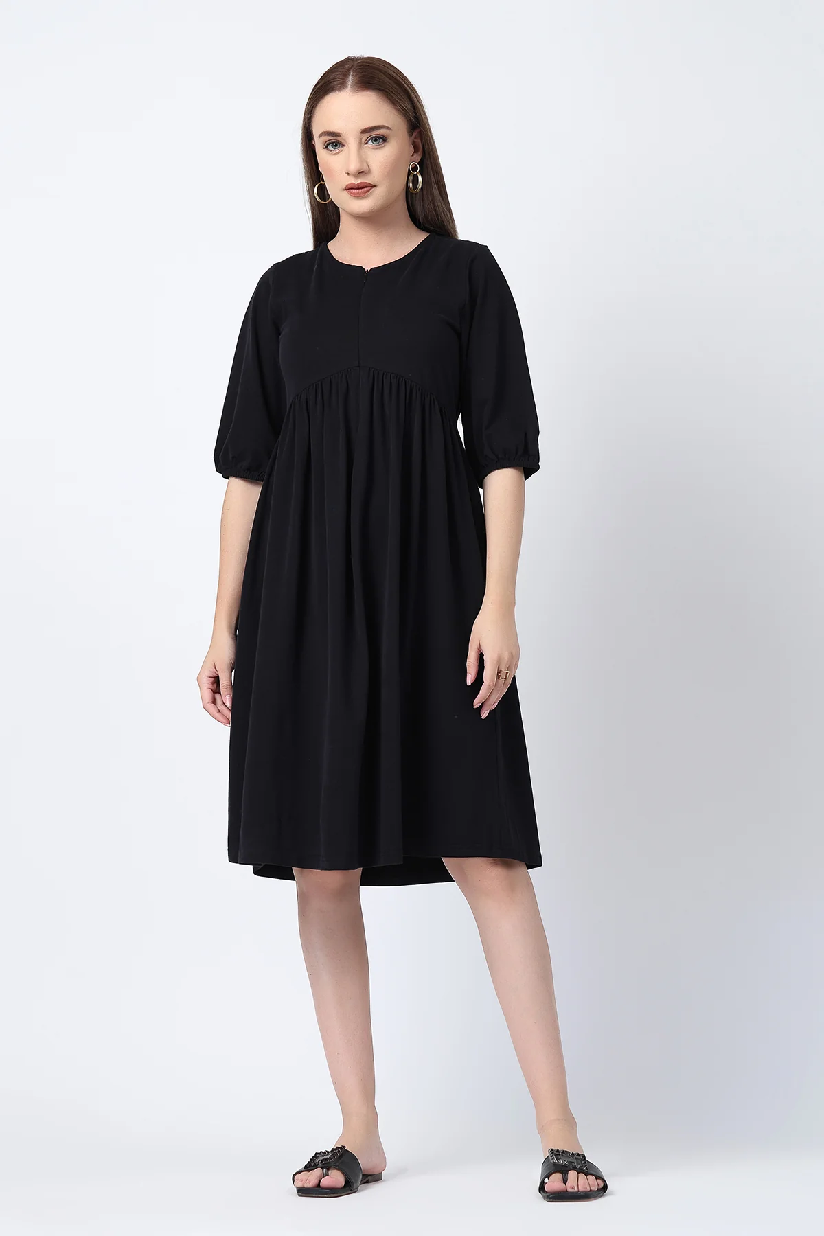 Maternity & Nursing Knee-Length Cotton Dress with Pocket - Black - Image 5