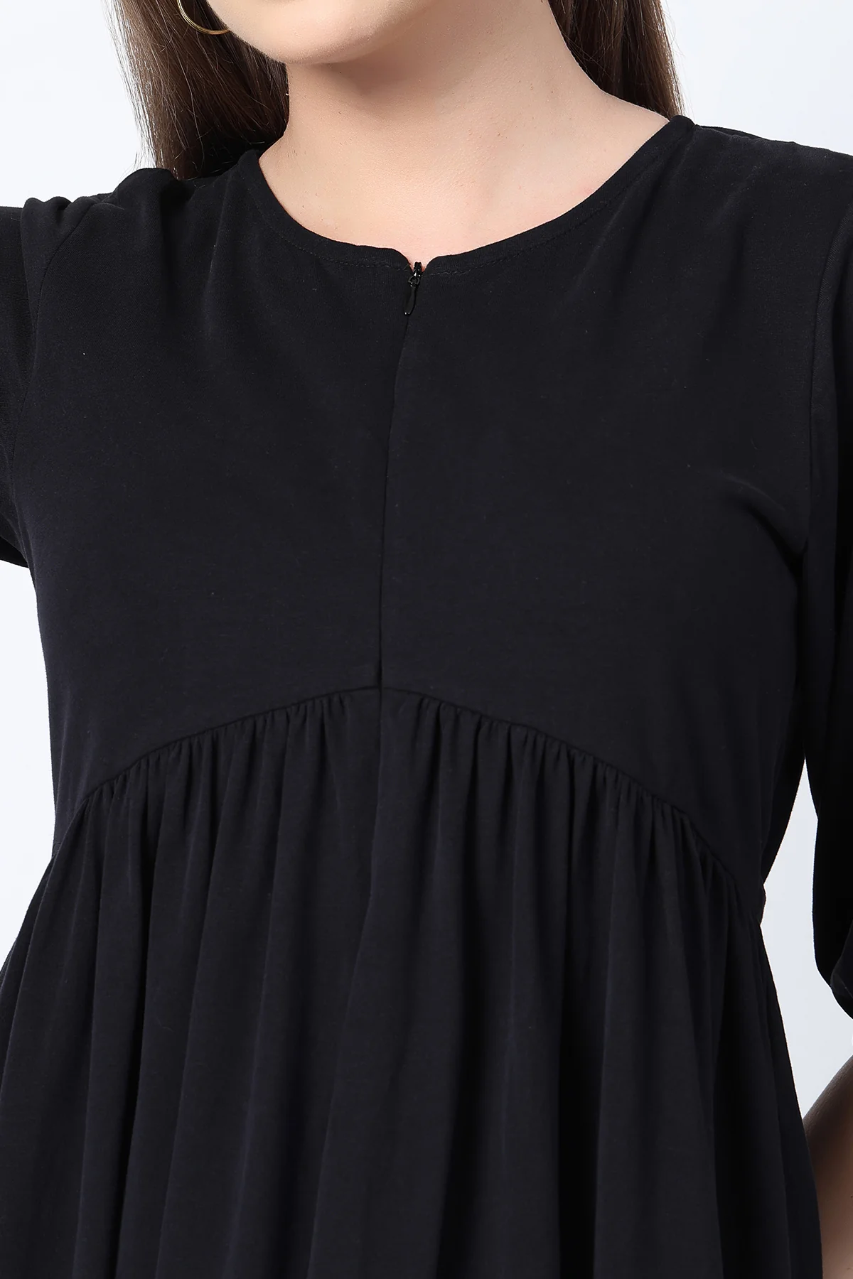 Maternity & Nursing Knee-Length Cotton Dress with Pocket - Black - Image 6