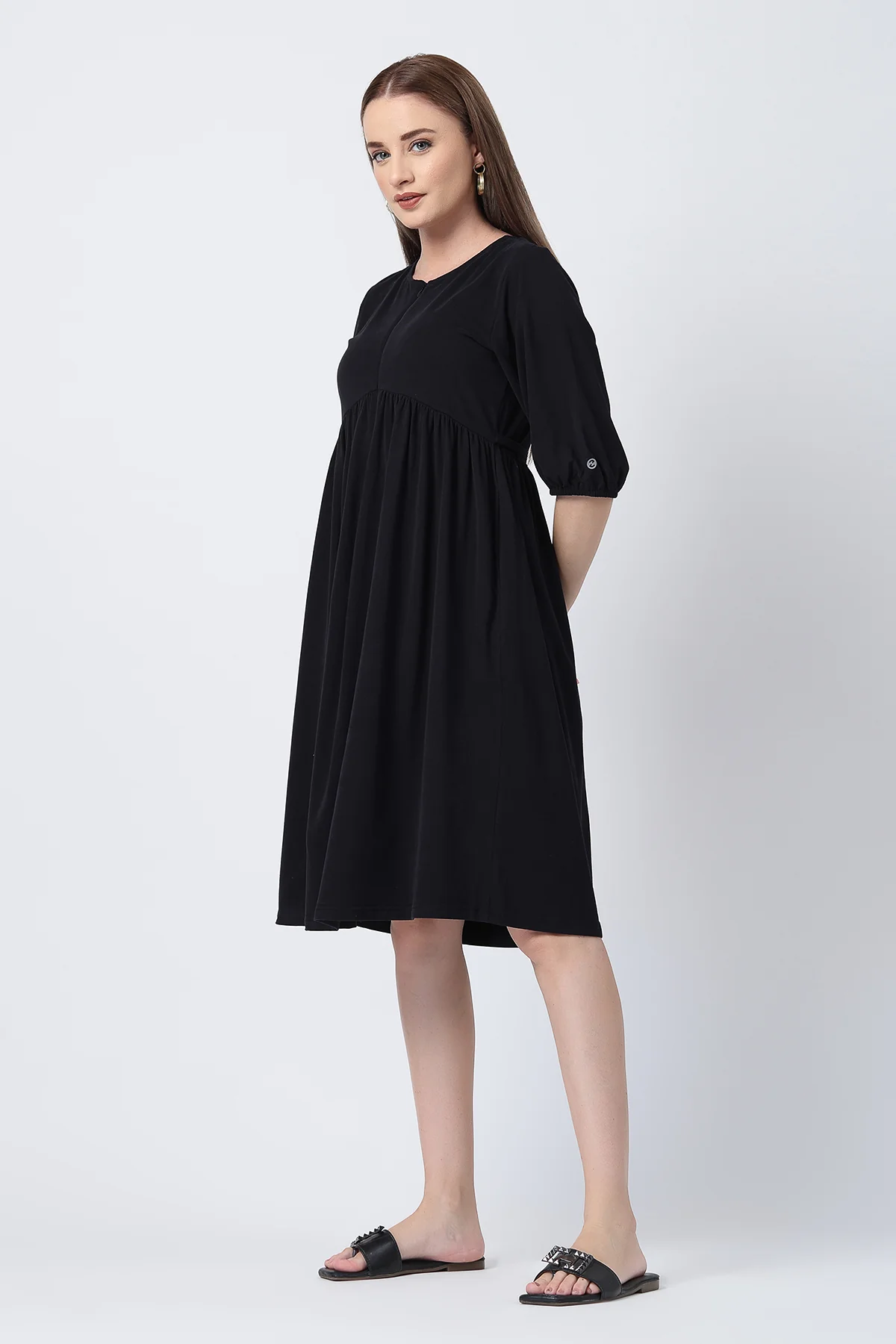 Maternity & Nursing Knee-Length Cotton Dress with Pocket - Black - Image 7
