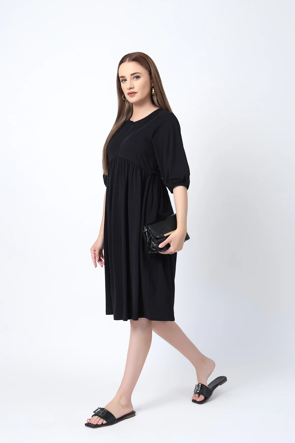 Maternity & Nursing Knee-Length Cotton Dress with Pocket - Black - Image 9