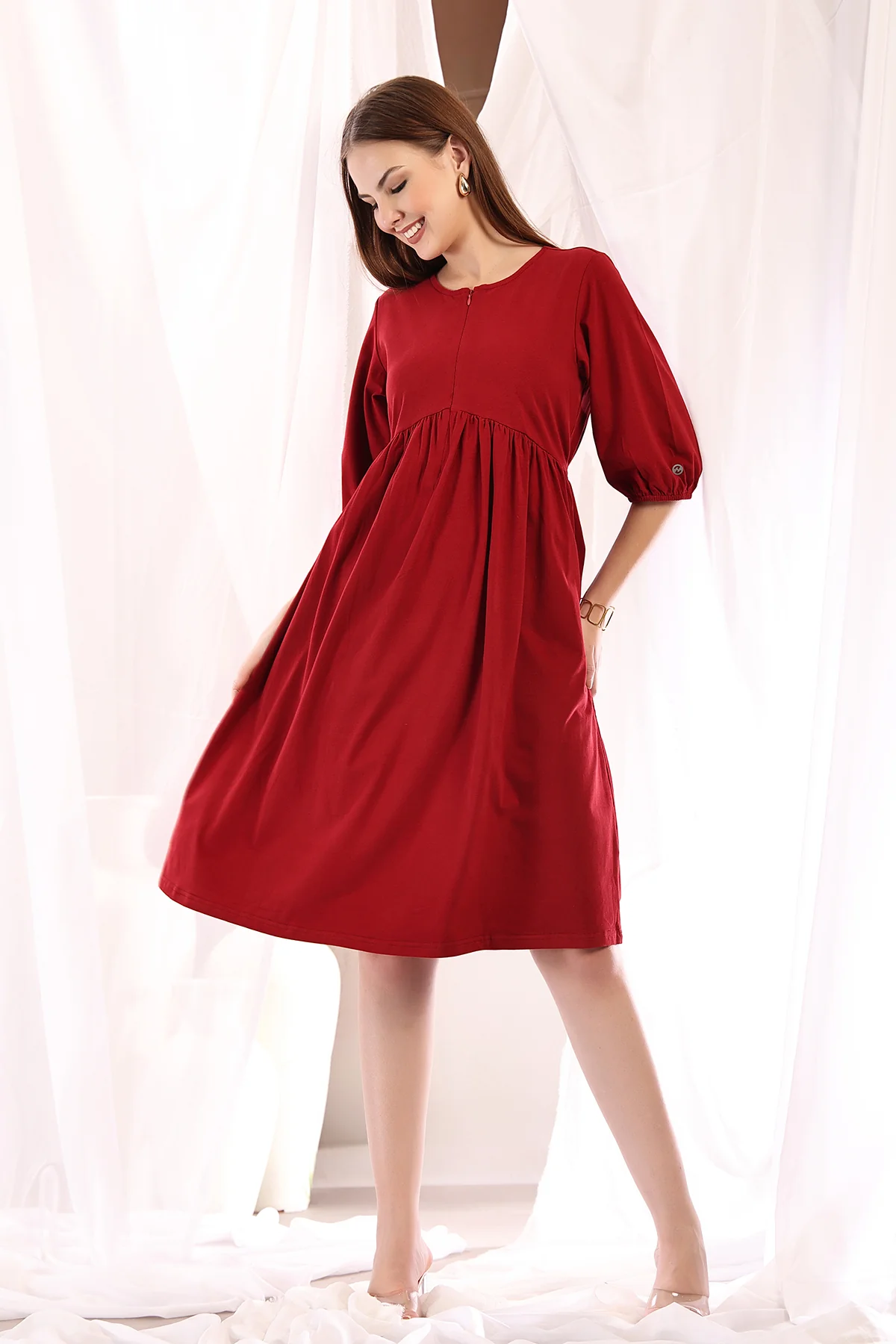 Maternity & Nursing Knee-Length Cotton Dress with Pocket - Deep Red - Image 10