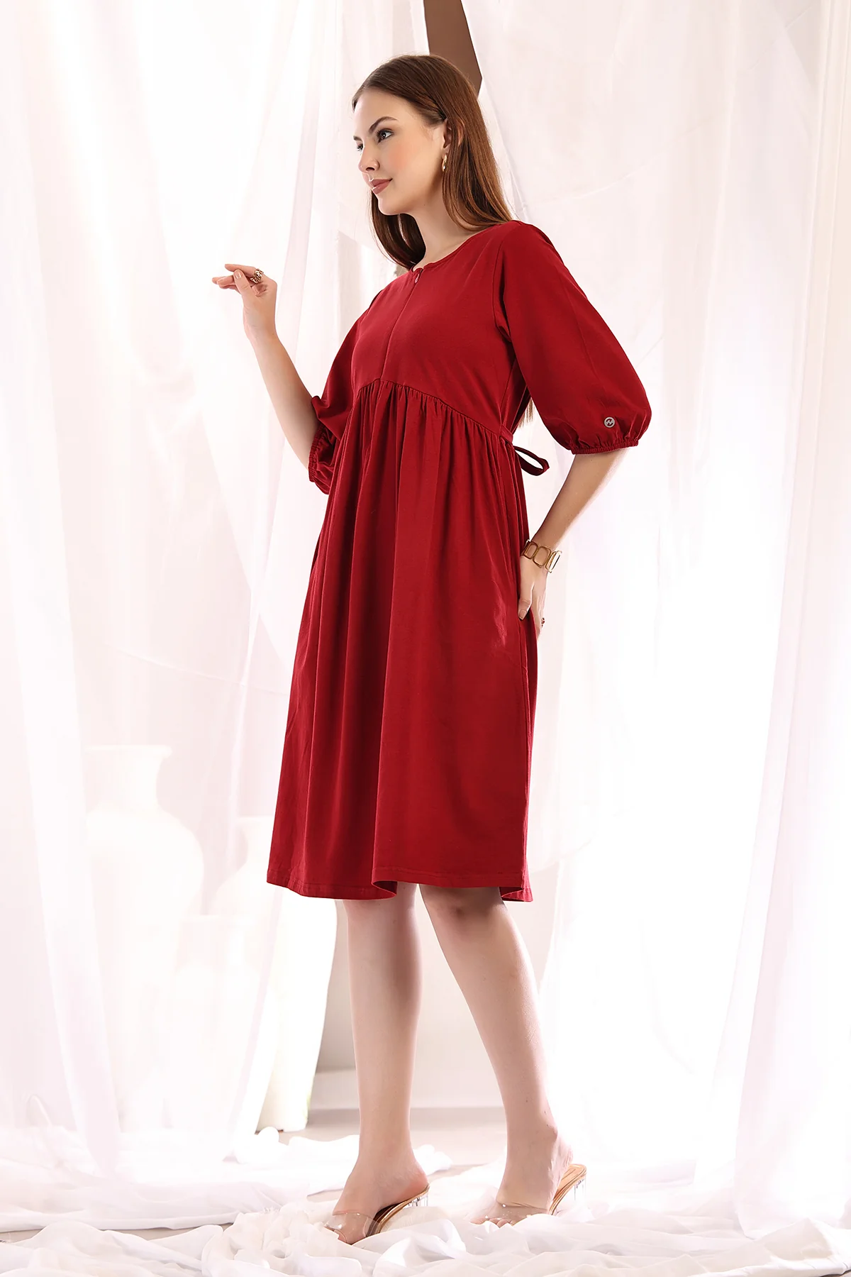 Maternity & Nursing Knee-Length Cotton Dress with Pocket - Deep Red - Image 11
