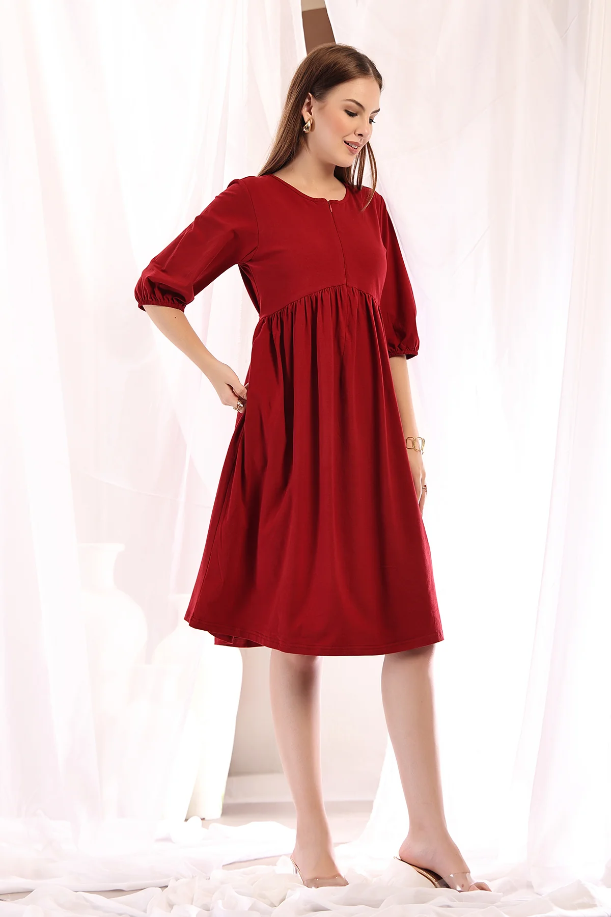 Maternity & Nursing Knee-Length Cotton Dress with Pocket - Deep Red - Image 12
